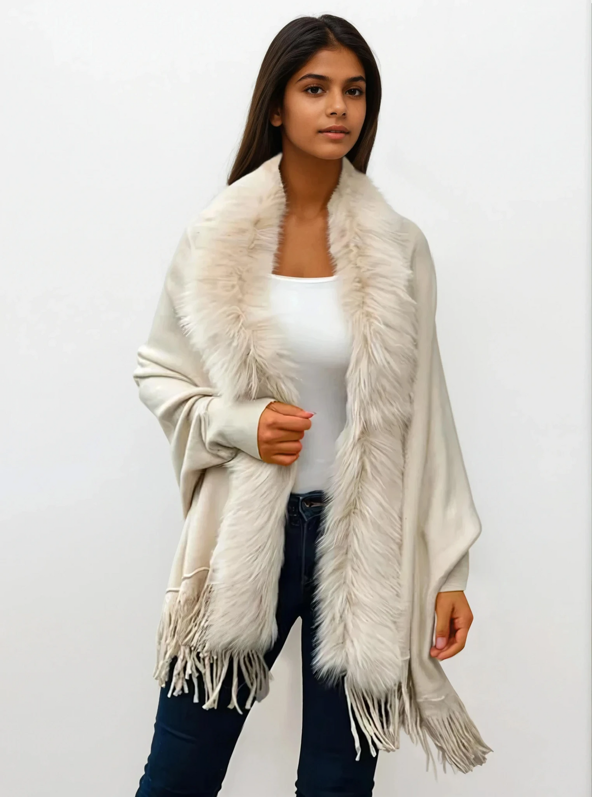 Fringe open front long sleeve poncho in solid pattern