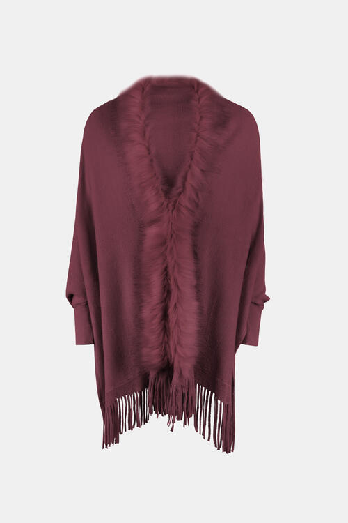 Fringe open front long sleeve poncho in solid pattern
