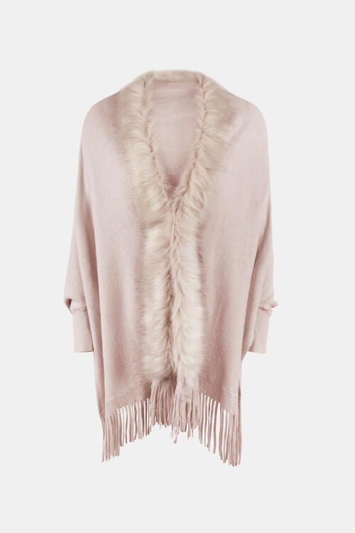 Fringe open front long sleeve poncho layered outfit