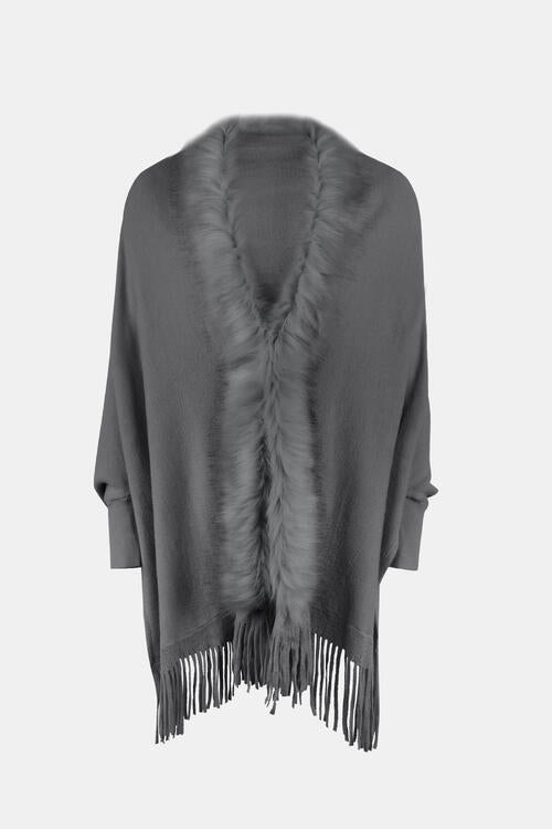 fringe open front long sleeve poncho for layering