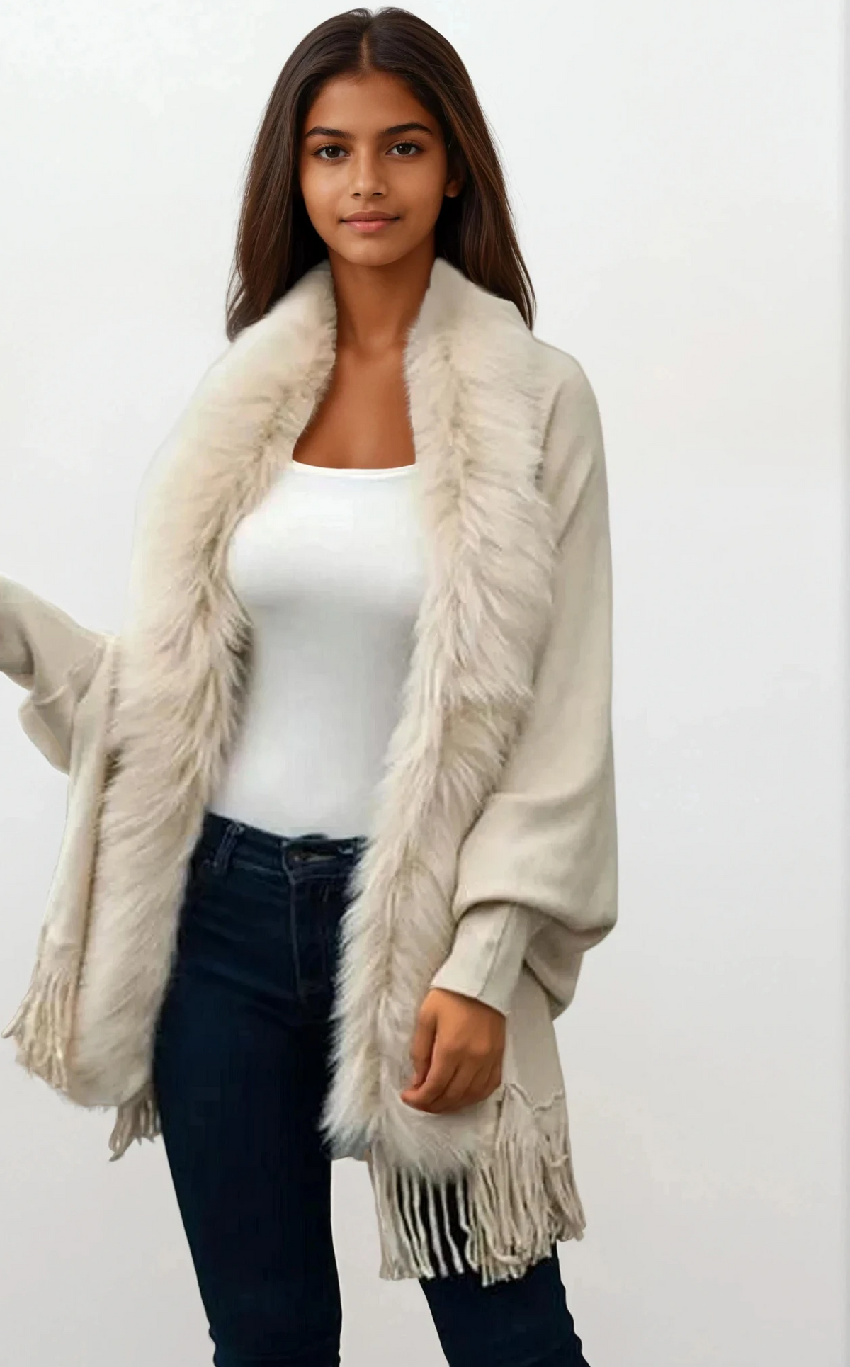 fringe open front long sleeve poncho for layering