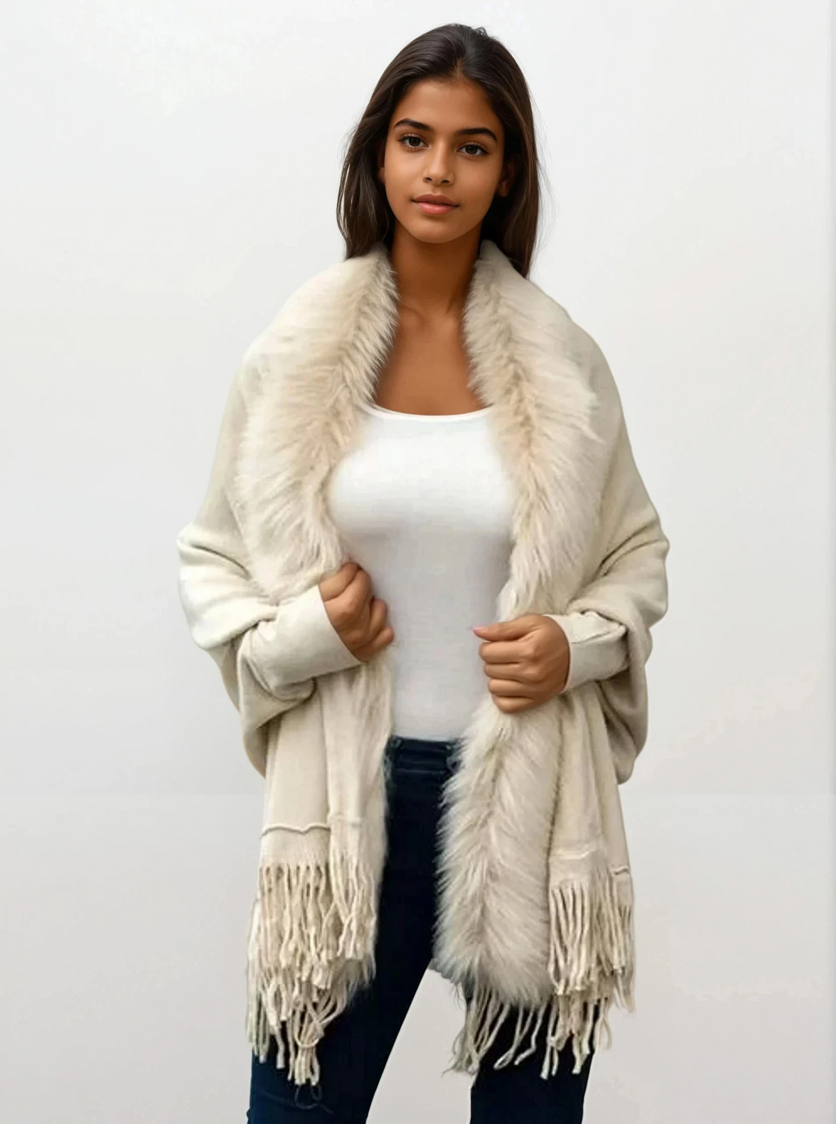 Fringe open front long sleeve poncho in solid pattern