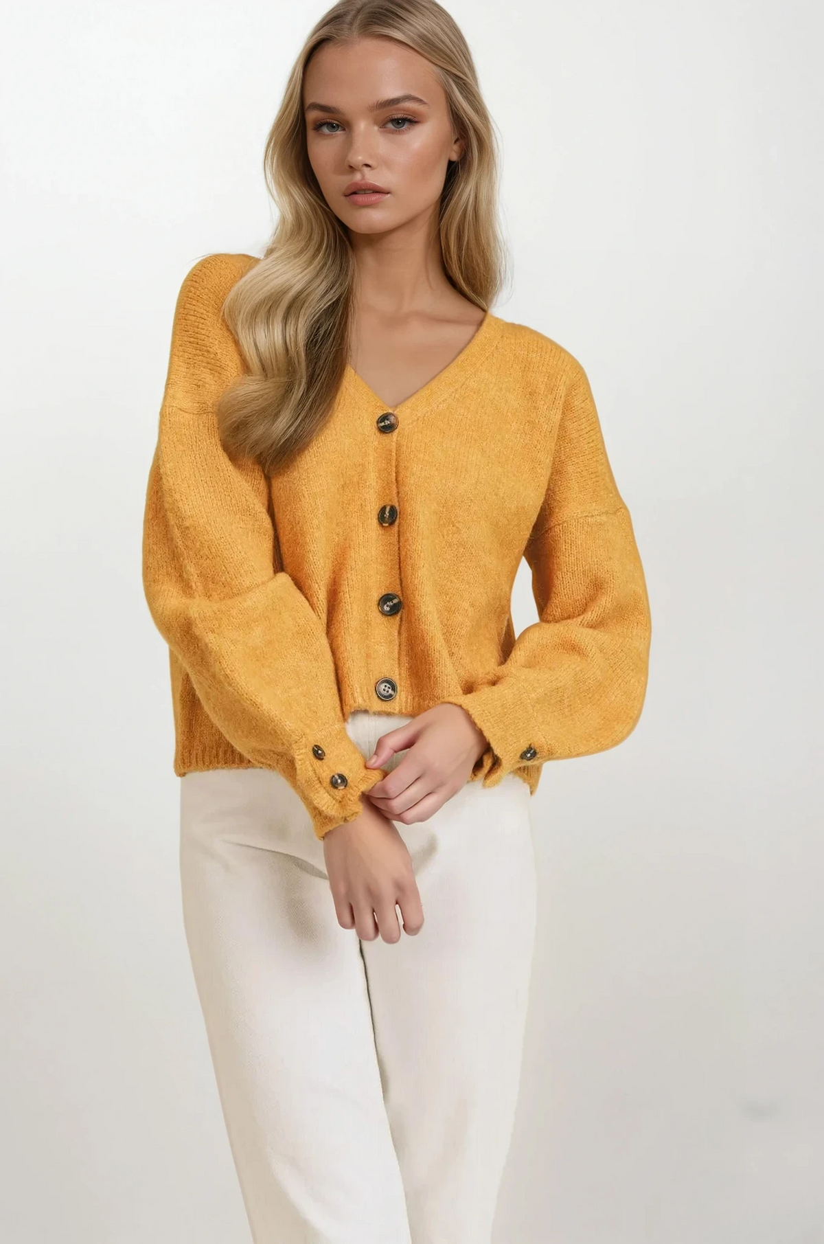 cozy fuzzy button-down sweater cardigan with v-neck and long sleeves