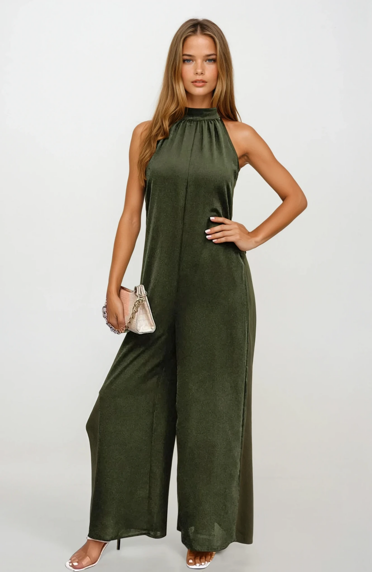 Goddess wide leg jumpsuit with halter neck and backless design