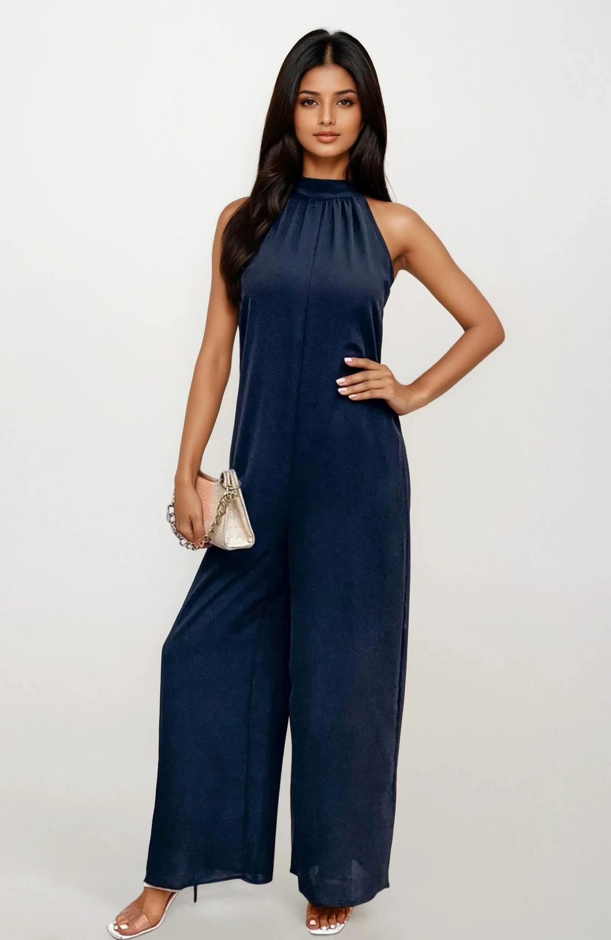 Goddess wide leg jumpsuit with halter neck and backless design