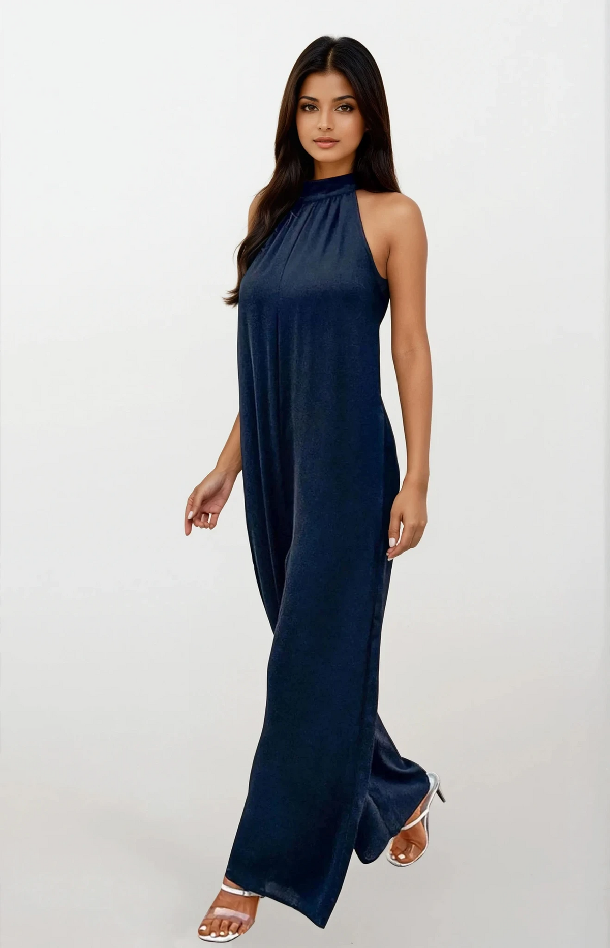 Goddess wide leg halter neck jumpsuit with backless design and tie