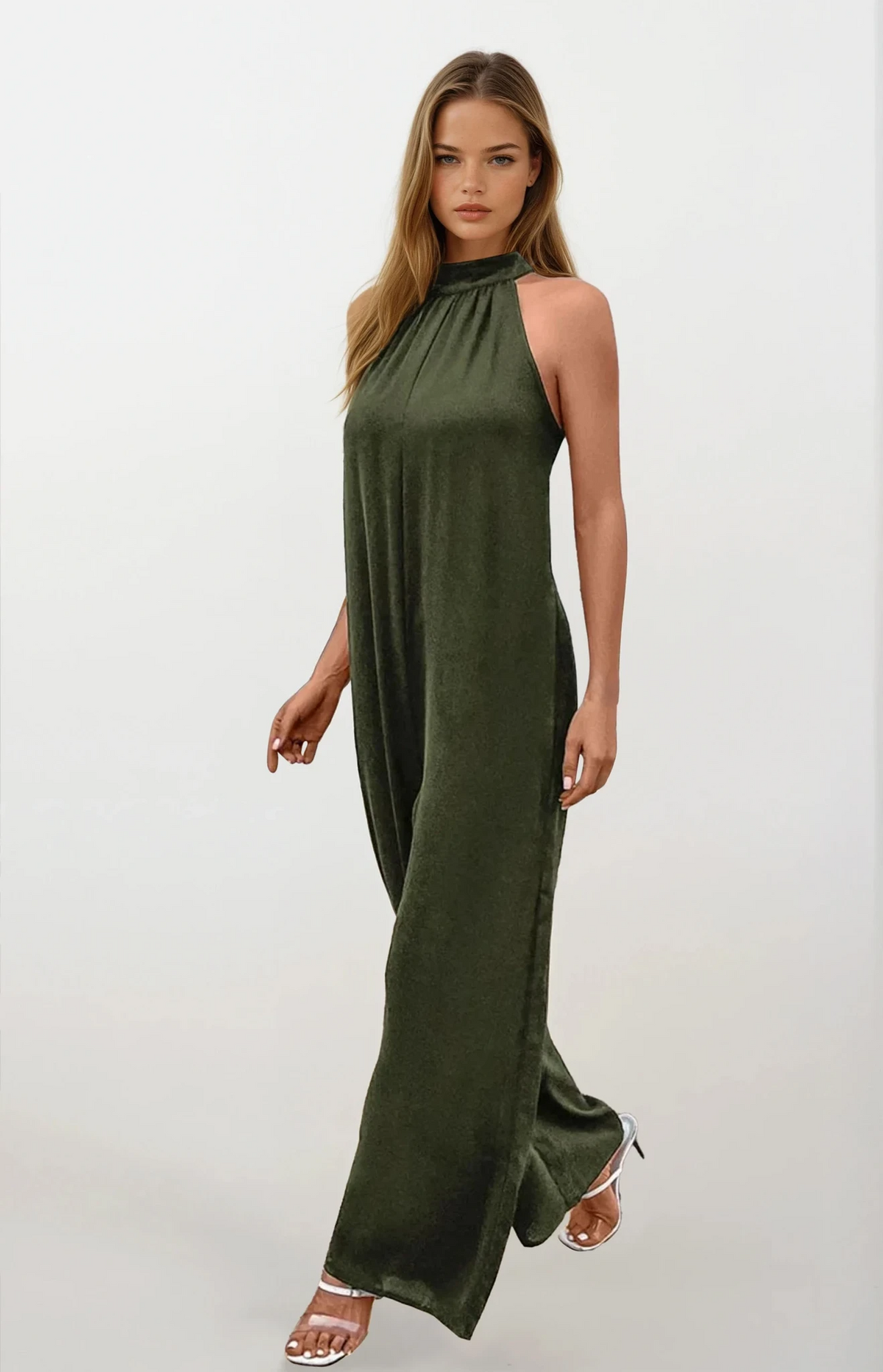 Goddess wide leg jumpsuit with halter neck and backless design