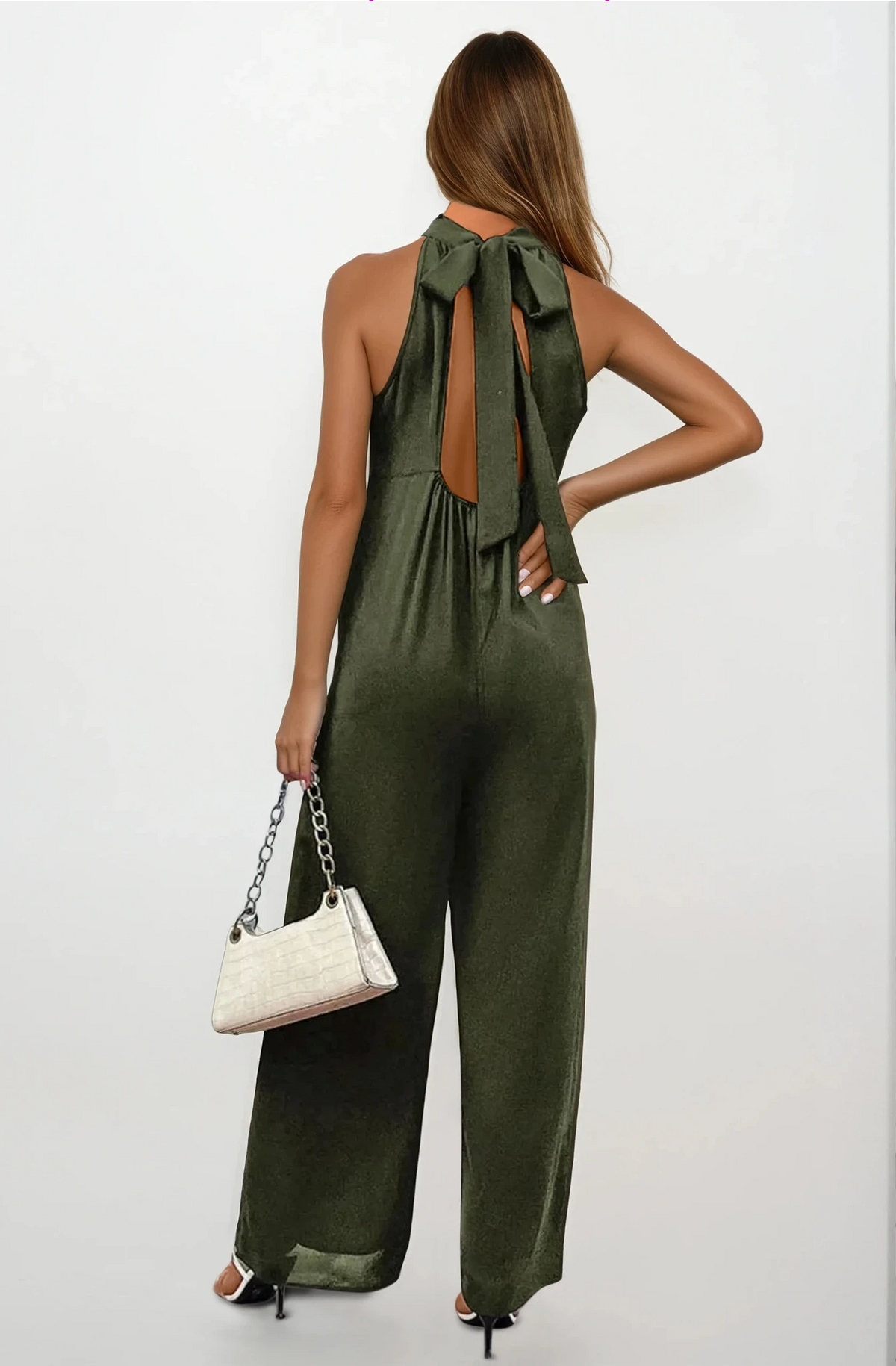 Goddess wide leg jumpsuit with halter neck and backless design