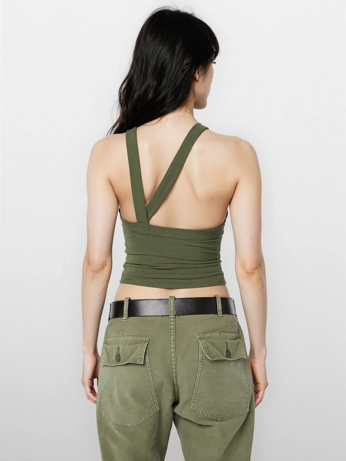Cropped halter neck rib-knit sleeveless tank with back cutout