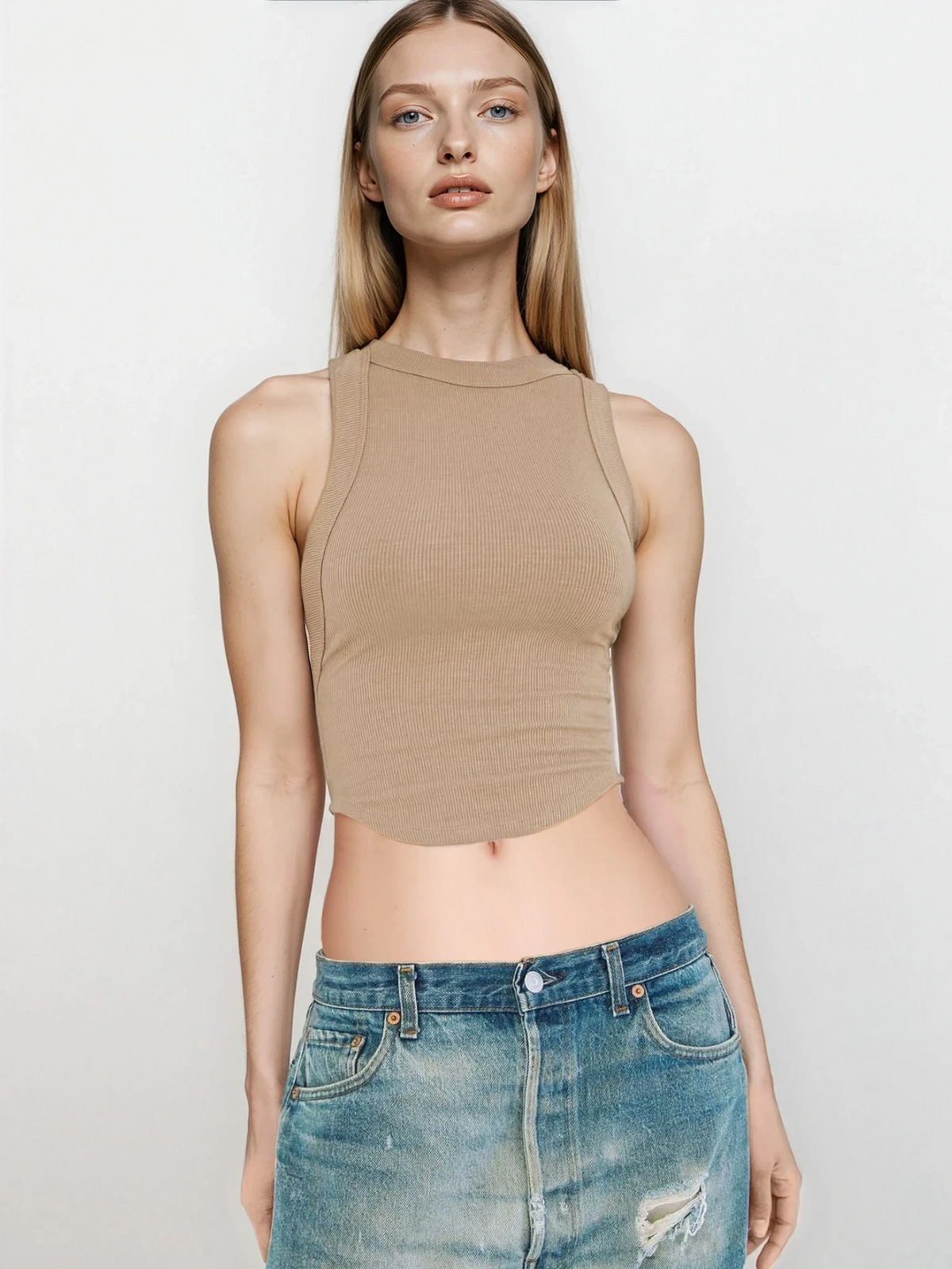 Everyday halter neck rib-knit sleeveless cropped tank top