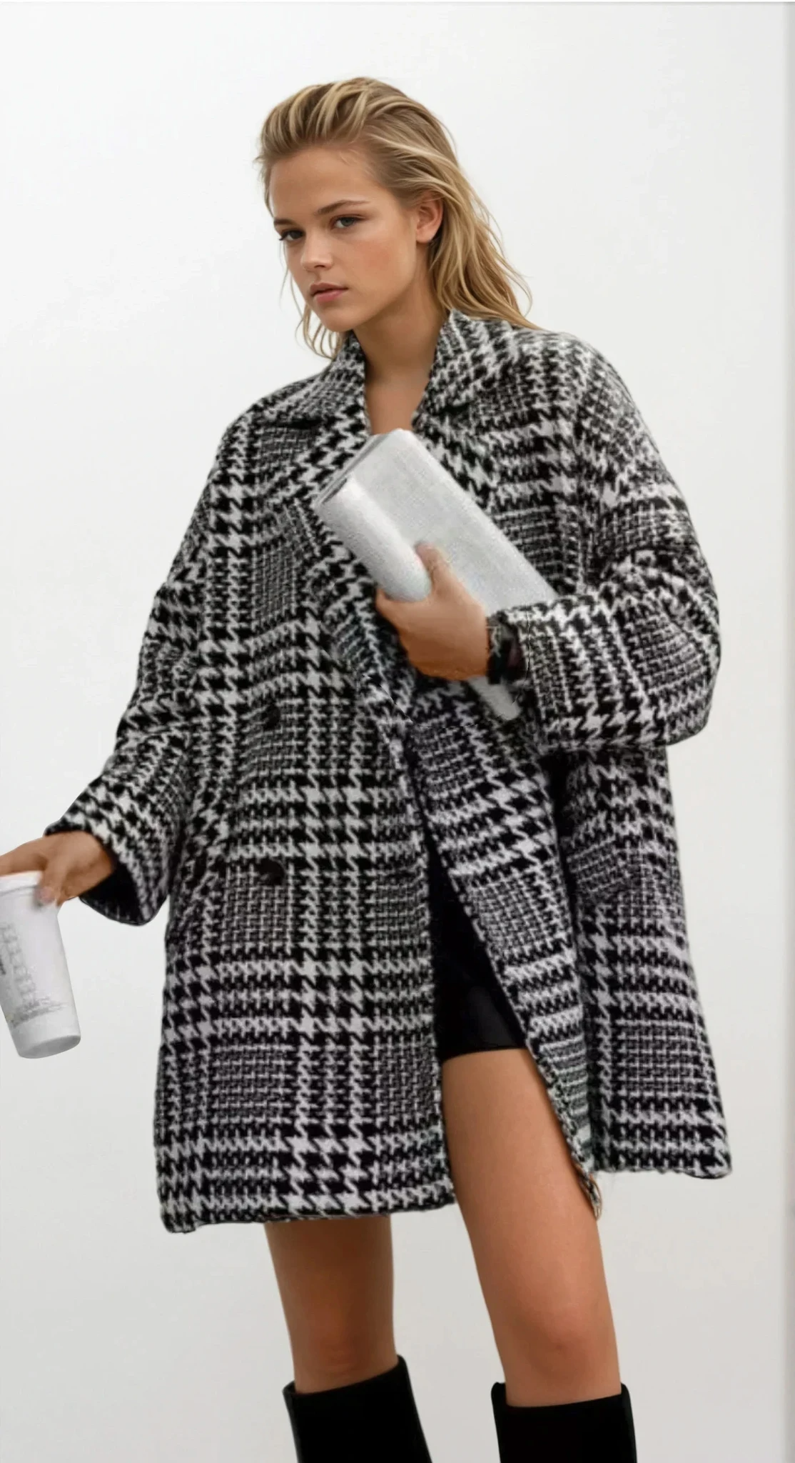 classic houndstooth collared neck long sleeve peacoat with buttons