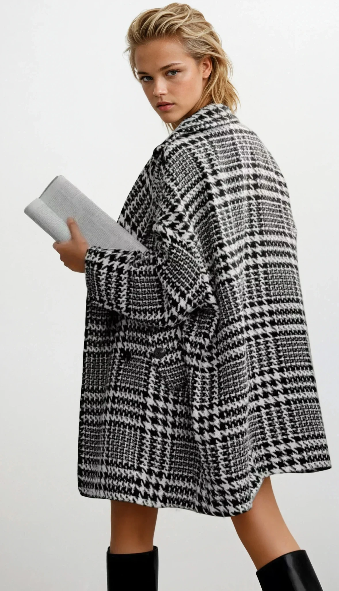classic houndstooth collared neck long sleeve peacoat with buttons