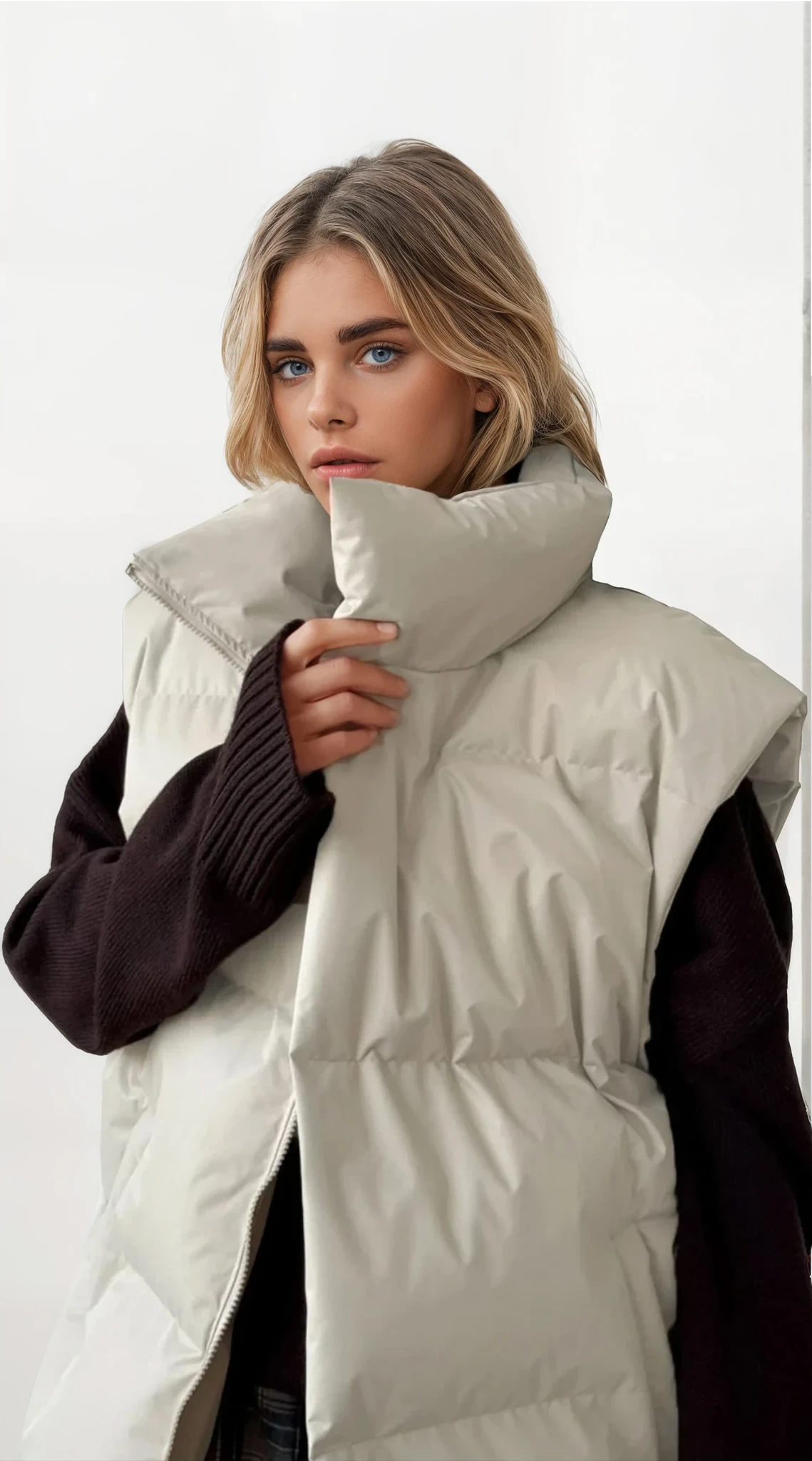 Lightweight icy turtleneck puffer vest with full zip for winter layering