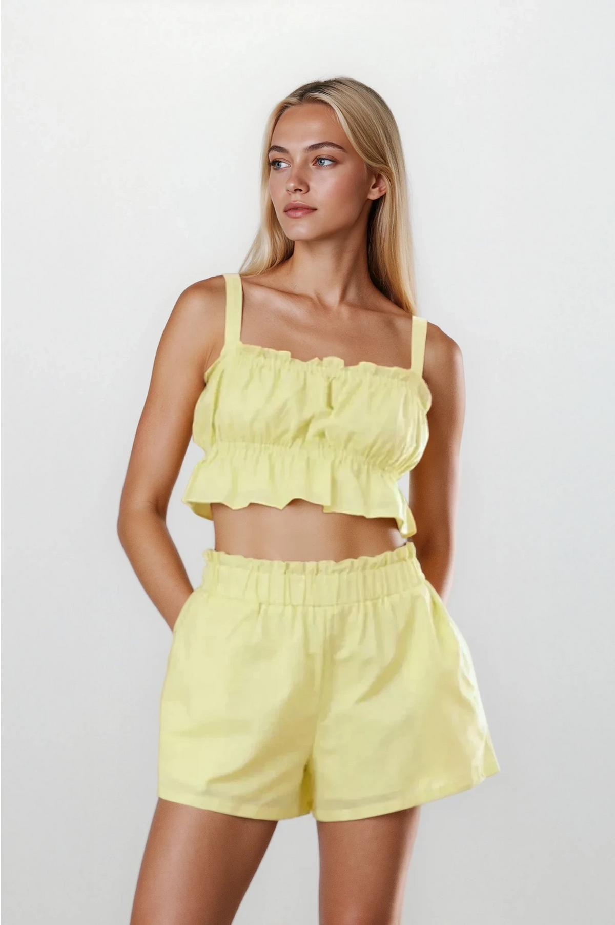Ines ruffle square neck cami and short set with pockets