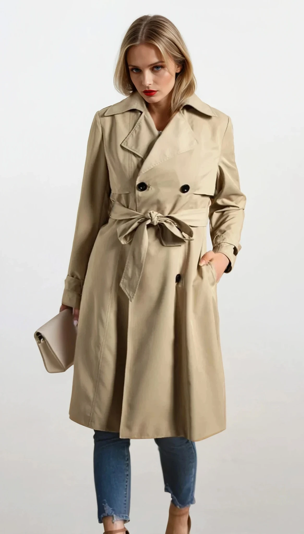 Intellect trench coat with button-up front and adjustable belt