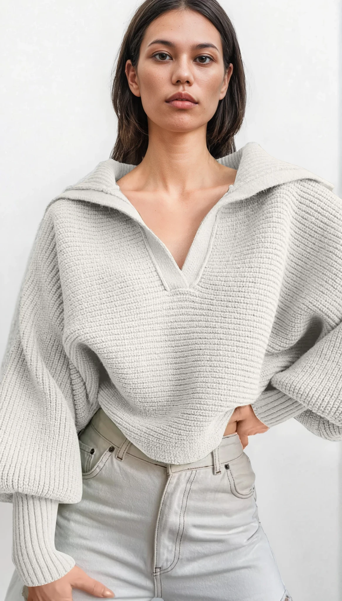 Ivy Johnny Collar rib-knit long sleeve sweater in solid pattern