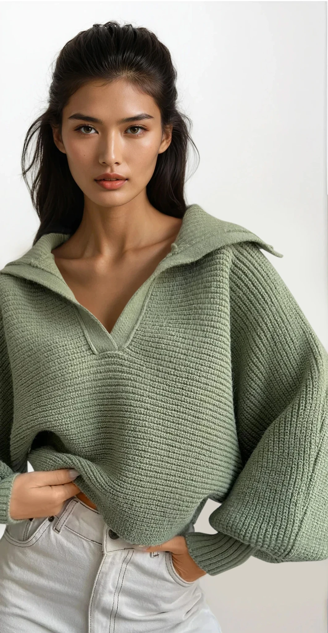 Ivy Johnny collar rib-knit long sleeve sweater in solid pattern