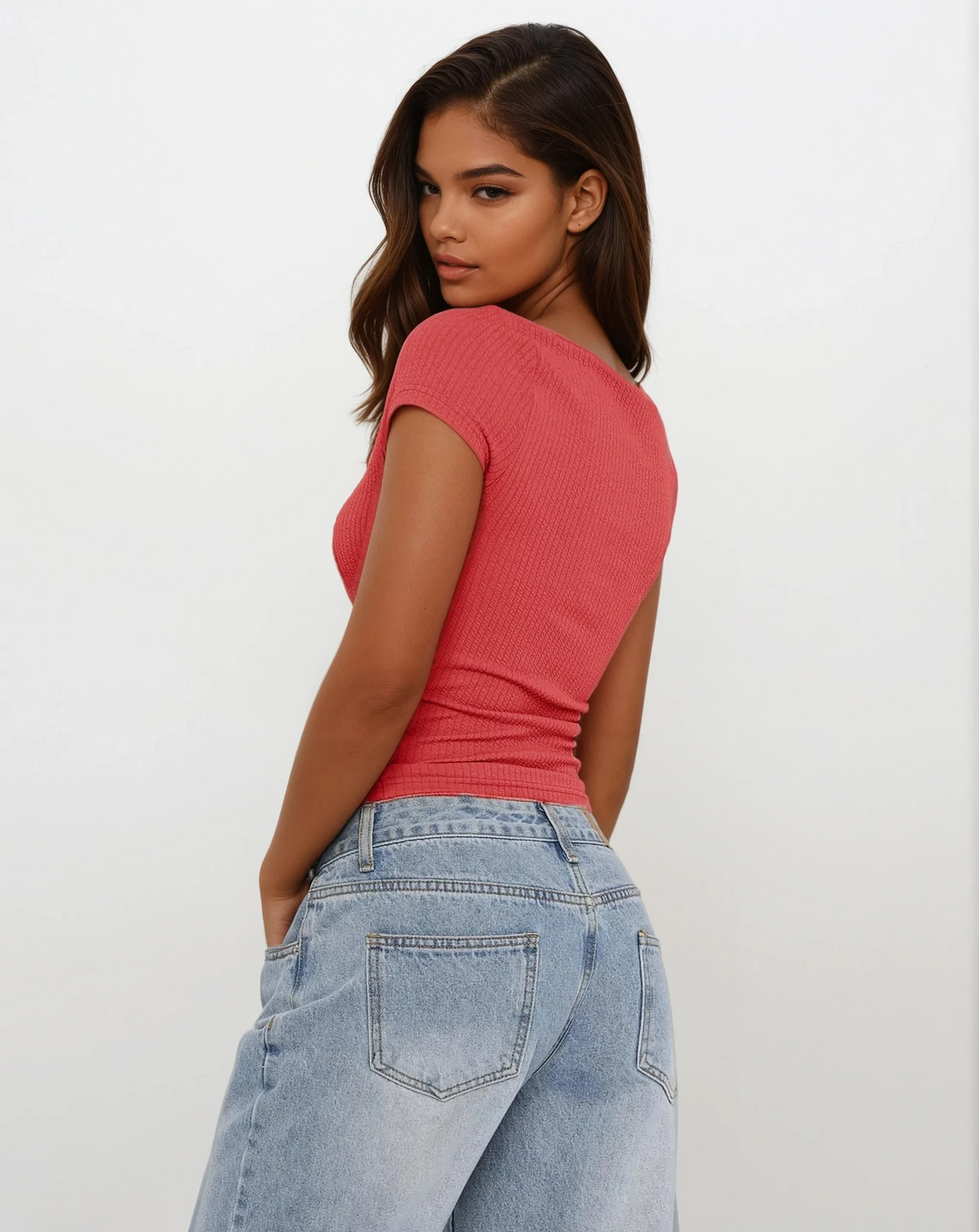 lace trim scoop neck short sleeve top in solid pattern