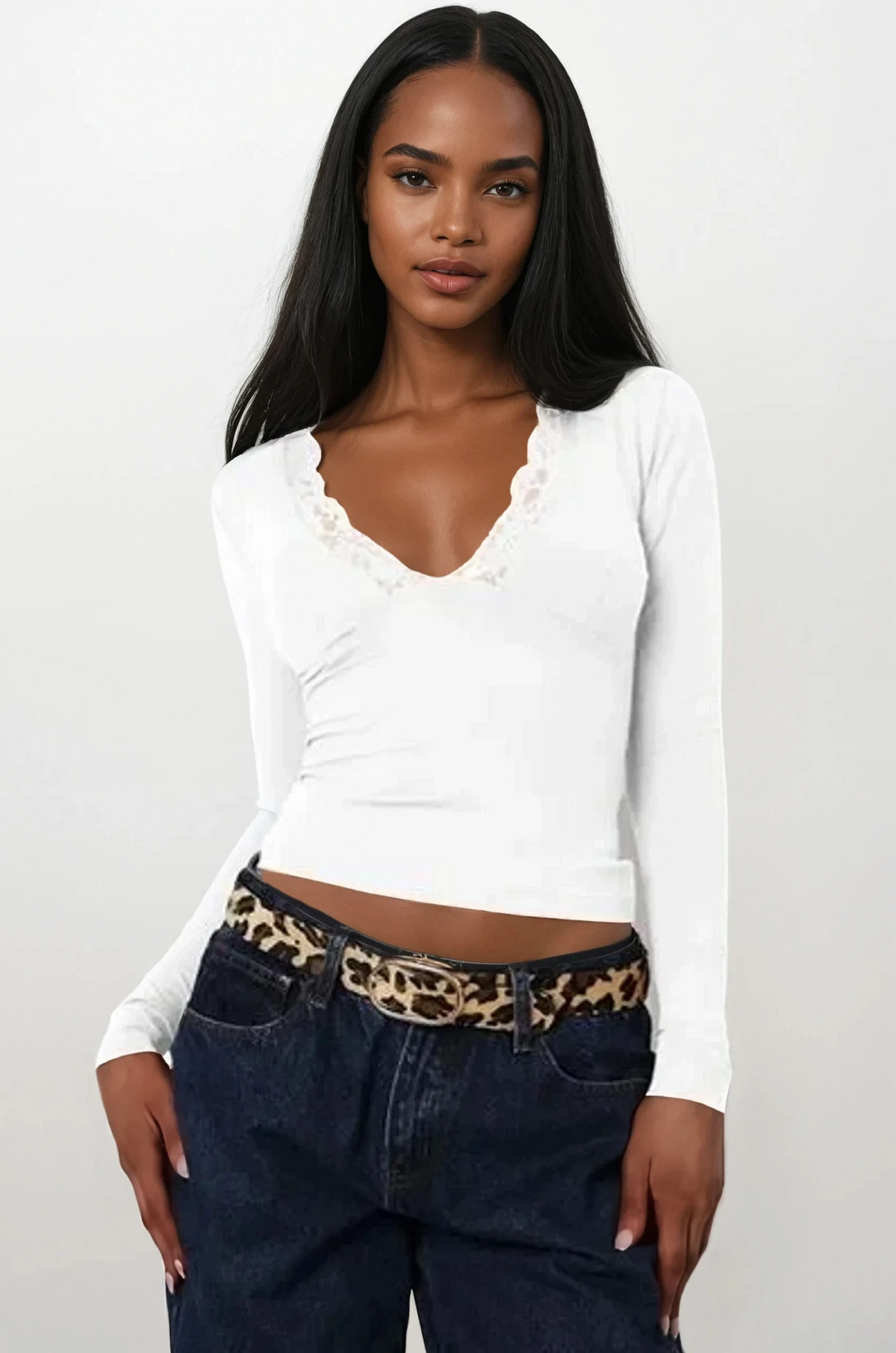 Lace trim v-neck long sleeve top with solid pattern