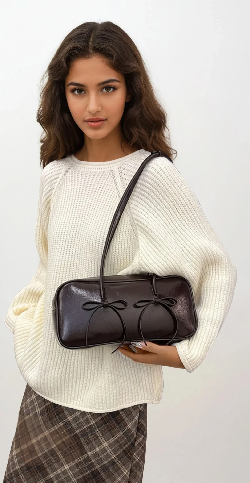 Leather bow trim shoulder bag with charming bows and solid pattern