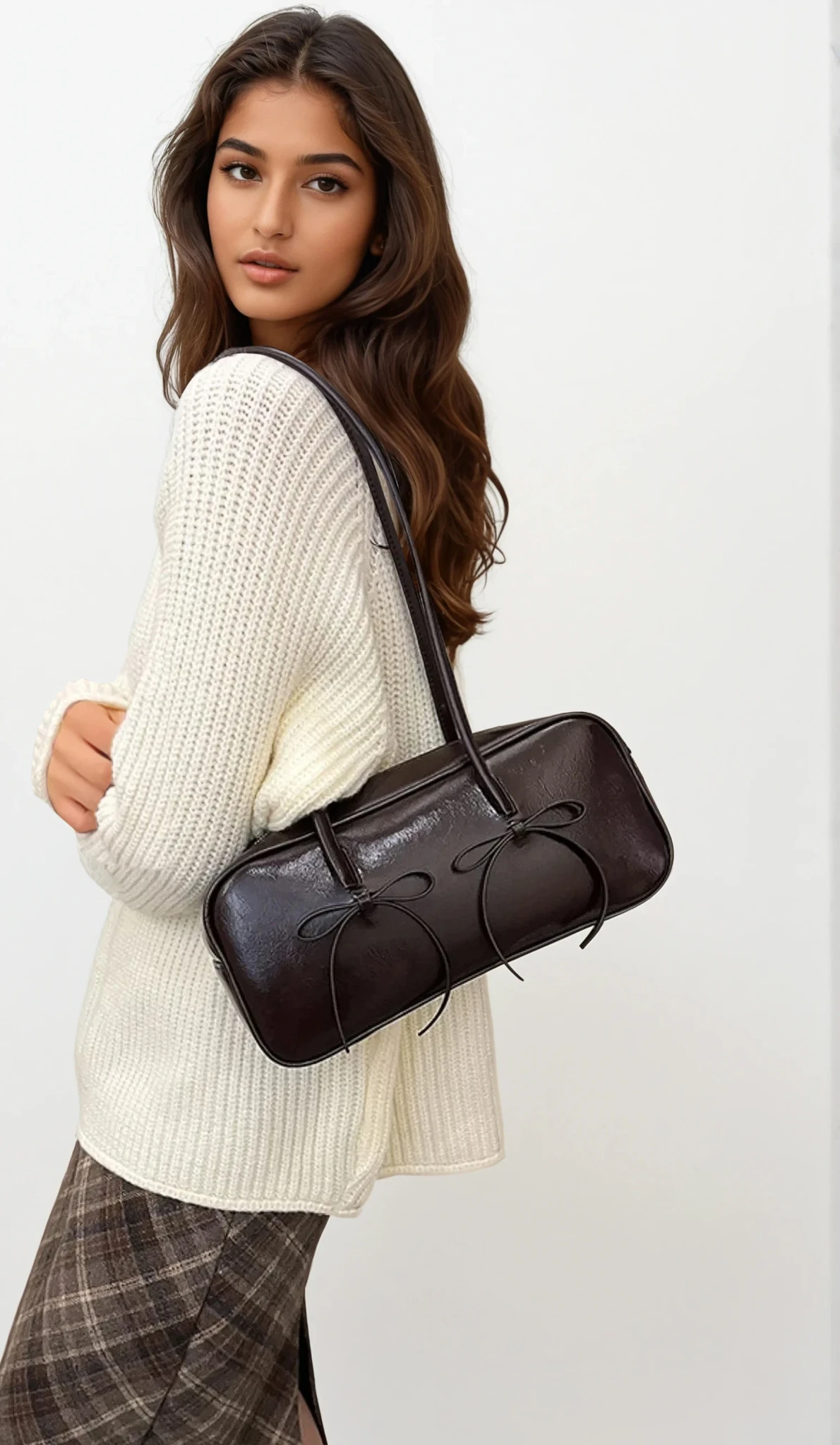 Leather bow trim shoulder bag with solid pattern and lightweight PU leather
