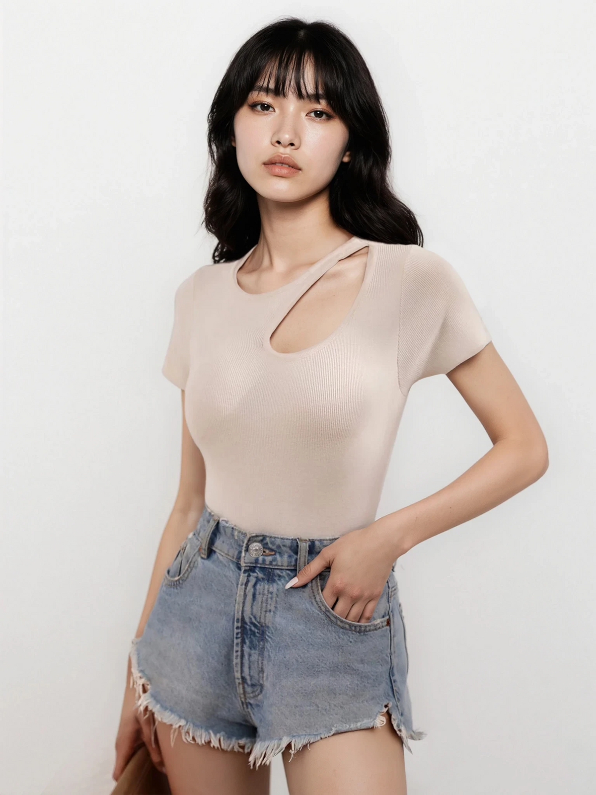 Luxe cutout round neck short sleeve knit top in solid color
