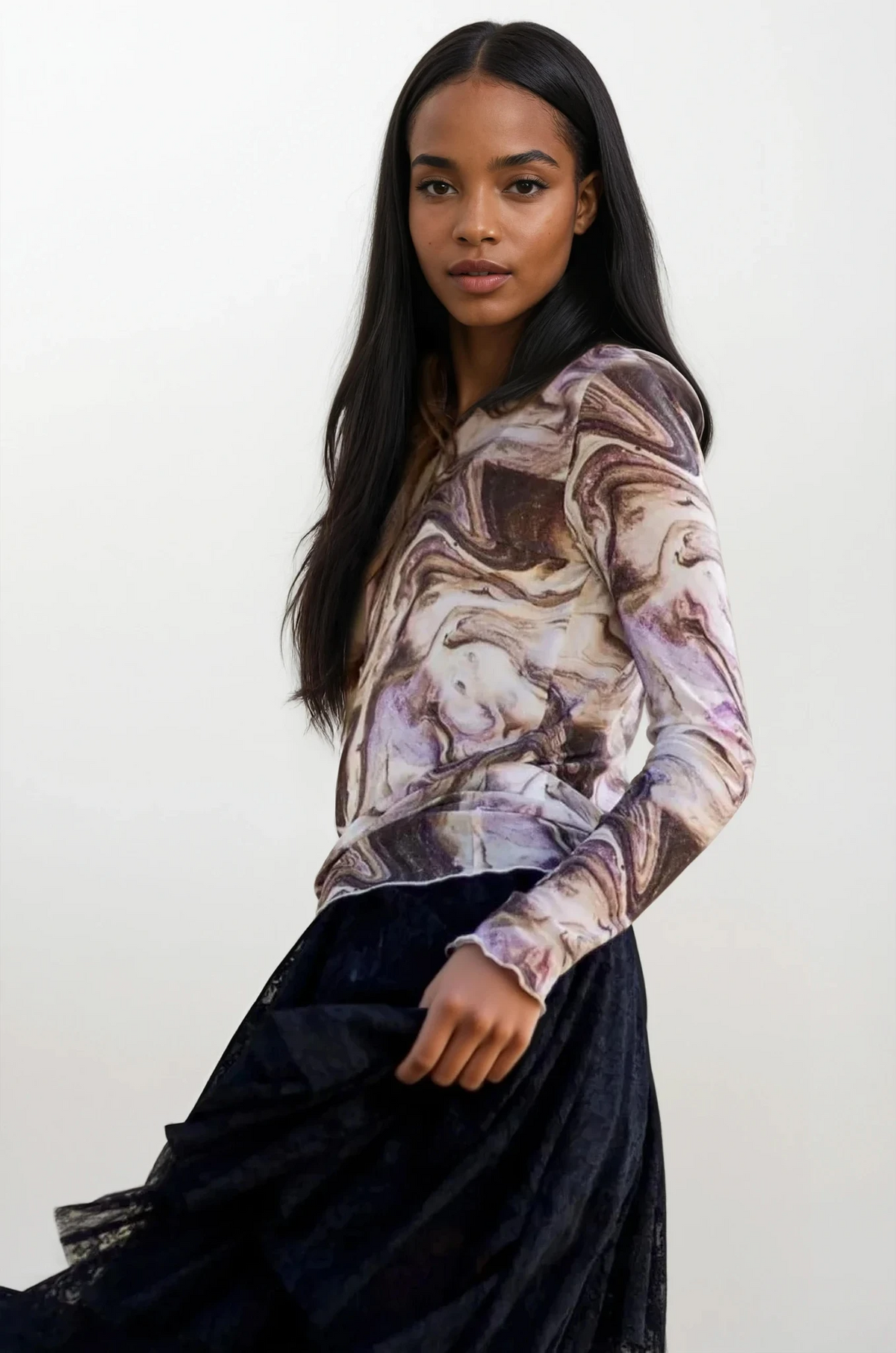 Marble mesh long sleeve top with lightweight breathable fabric and marble print
