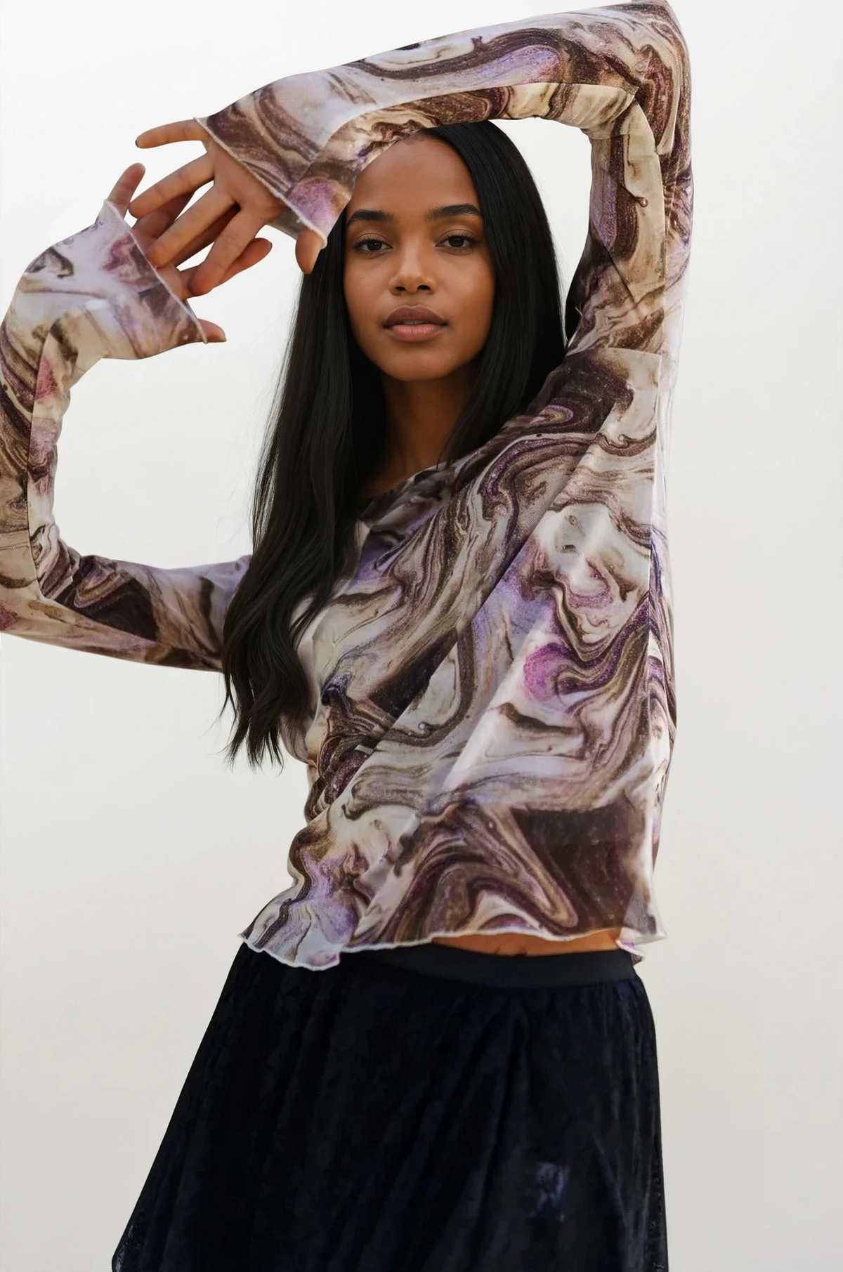 marble mesh long sleeve top with lightweight breathable fabric