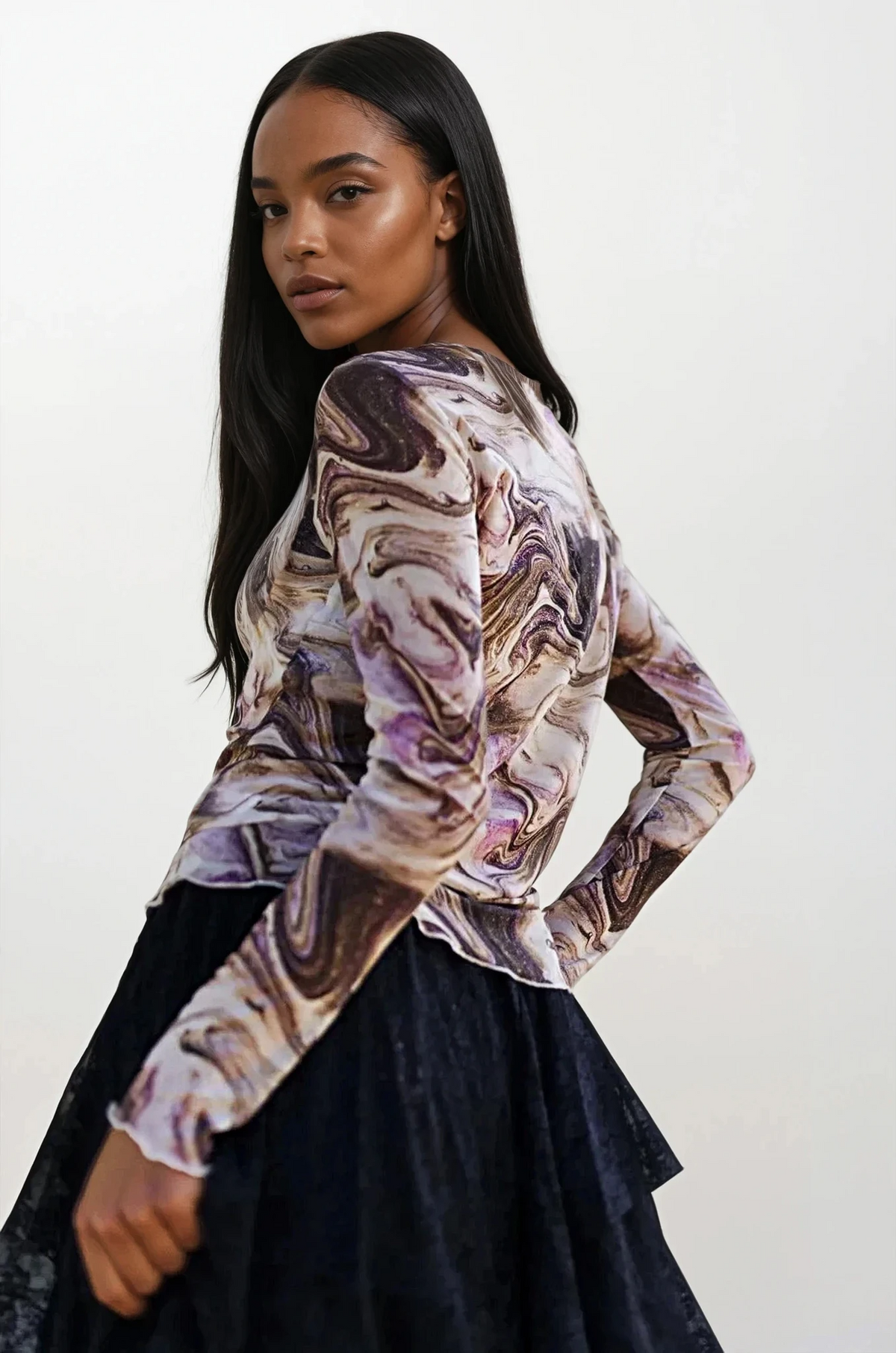 Marble Mesh Long Sleeve top with marble print and long sleeves