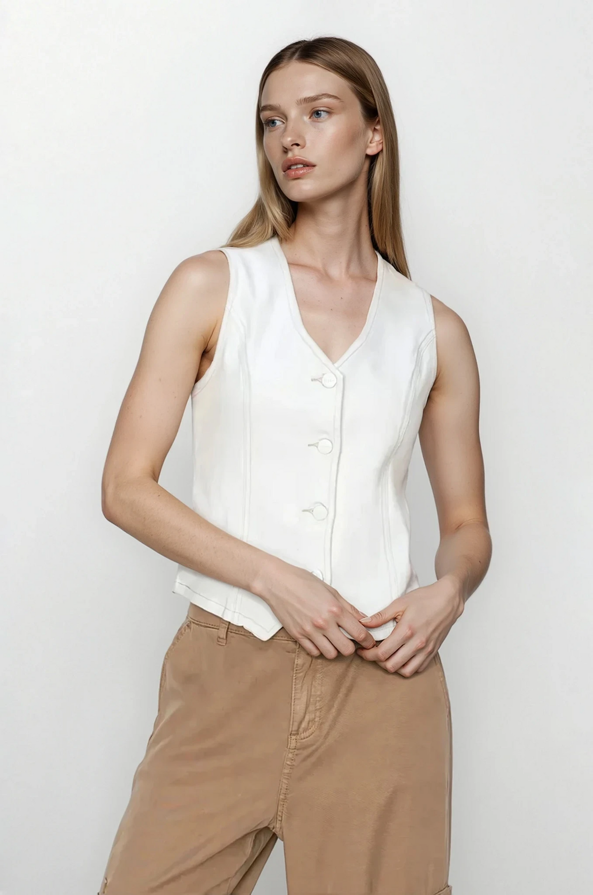 Marlo V-Neck Sleeveless Cropped Vest sleeveless buttoned front solid design