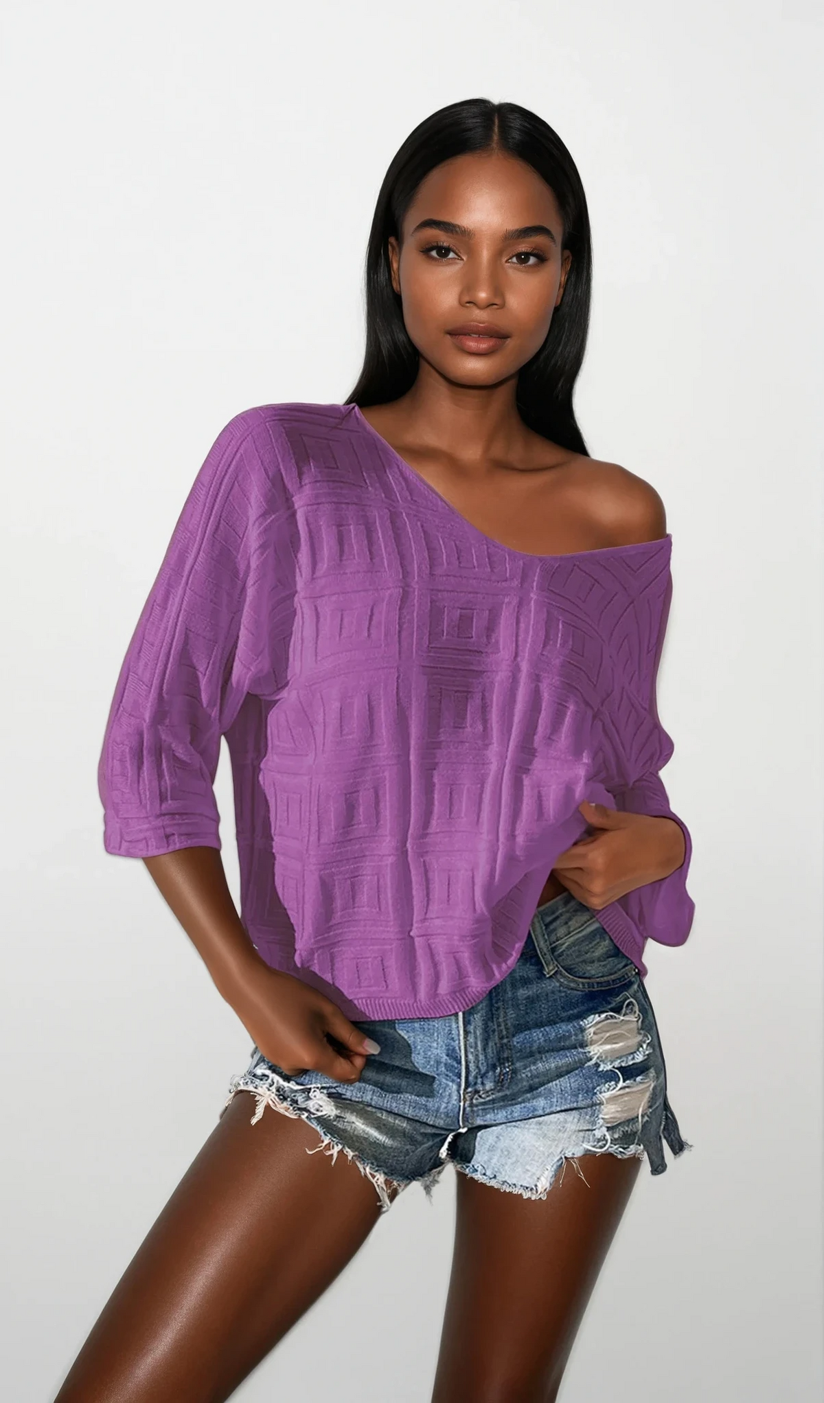 Maze V-neck three-quarter sleeve knit top with abstract and solid patterns