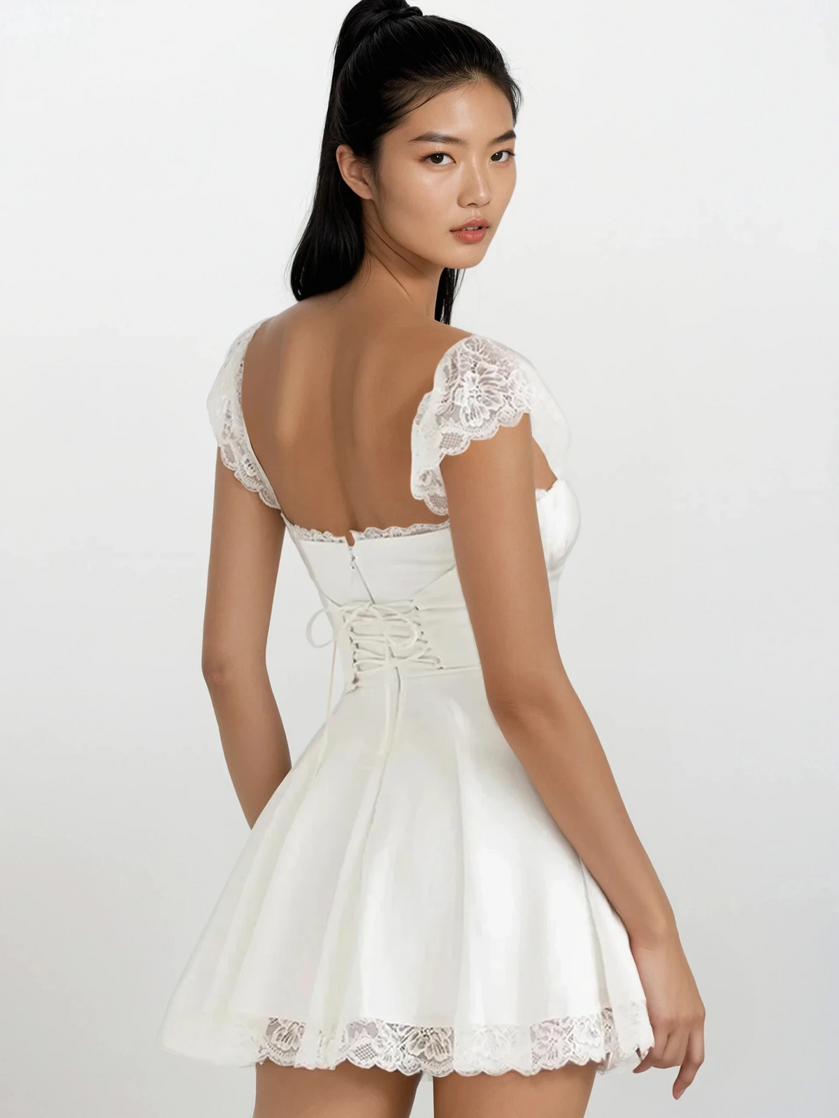 Milk Maid square neck mini dress with lace and cap sleeves