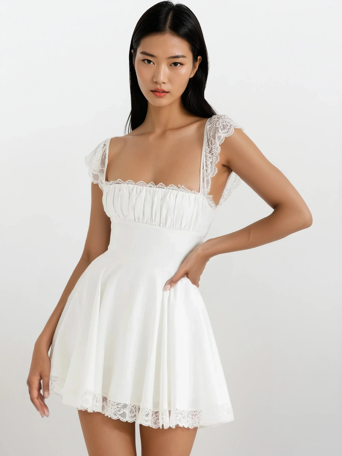 Milk Maid Square Neck cap sleeve mini dress with lace and tied back