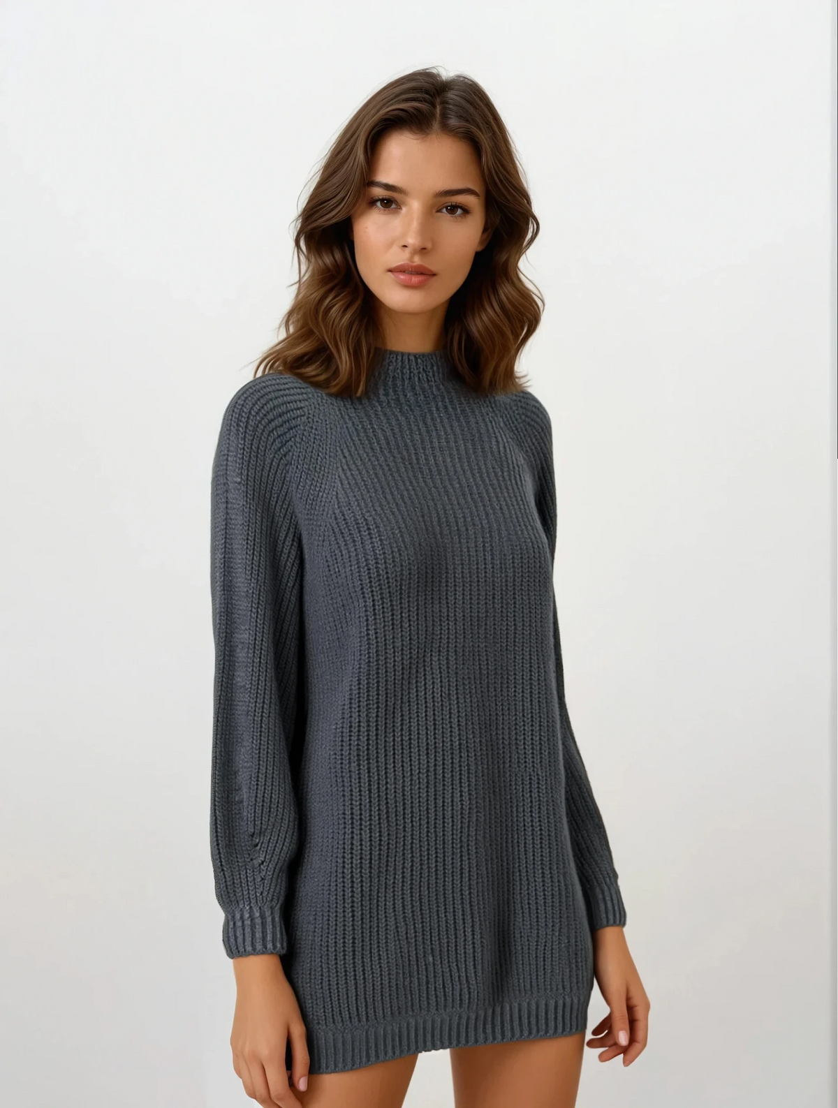 Black mock neck long sleeve sweater dress with slight stretch