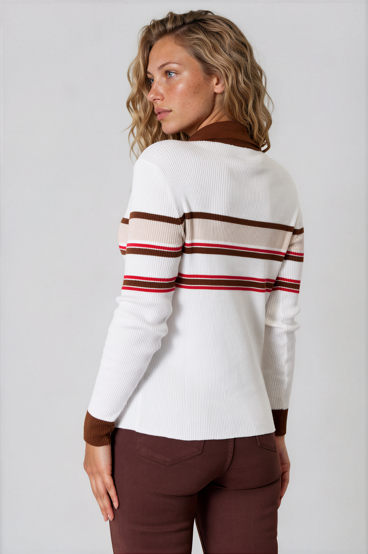 Neutral Striped Collared Neck Rib-Knit Half Button Top in white with brown and red horizontal stripes, ribbed knit, brown collar and cuffs
