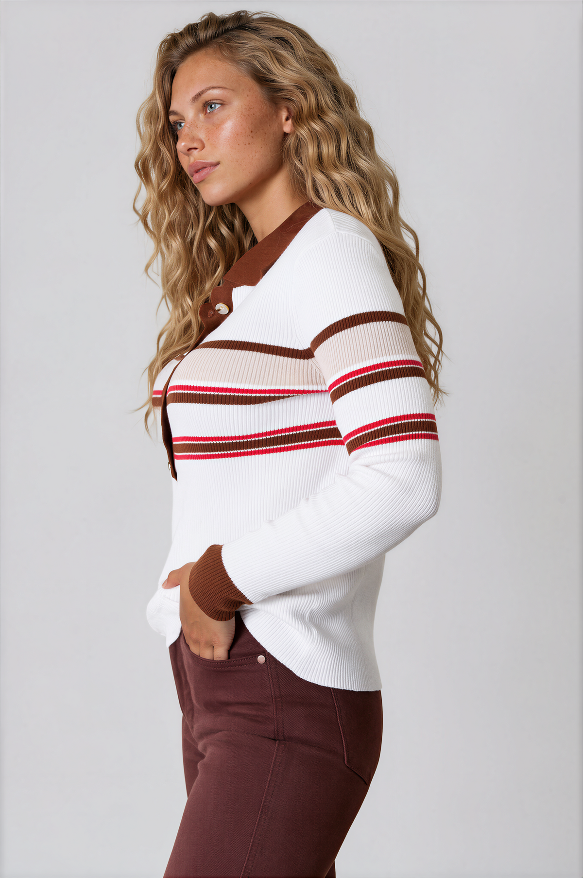 Neutral Striped Collared Neck Rib-Knit Half Button Top in white with brown and red stripes, ribbed texture, brown collar and long sleeves
