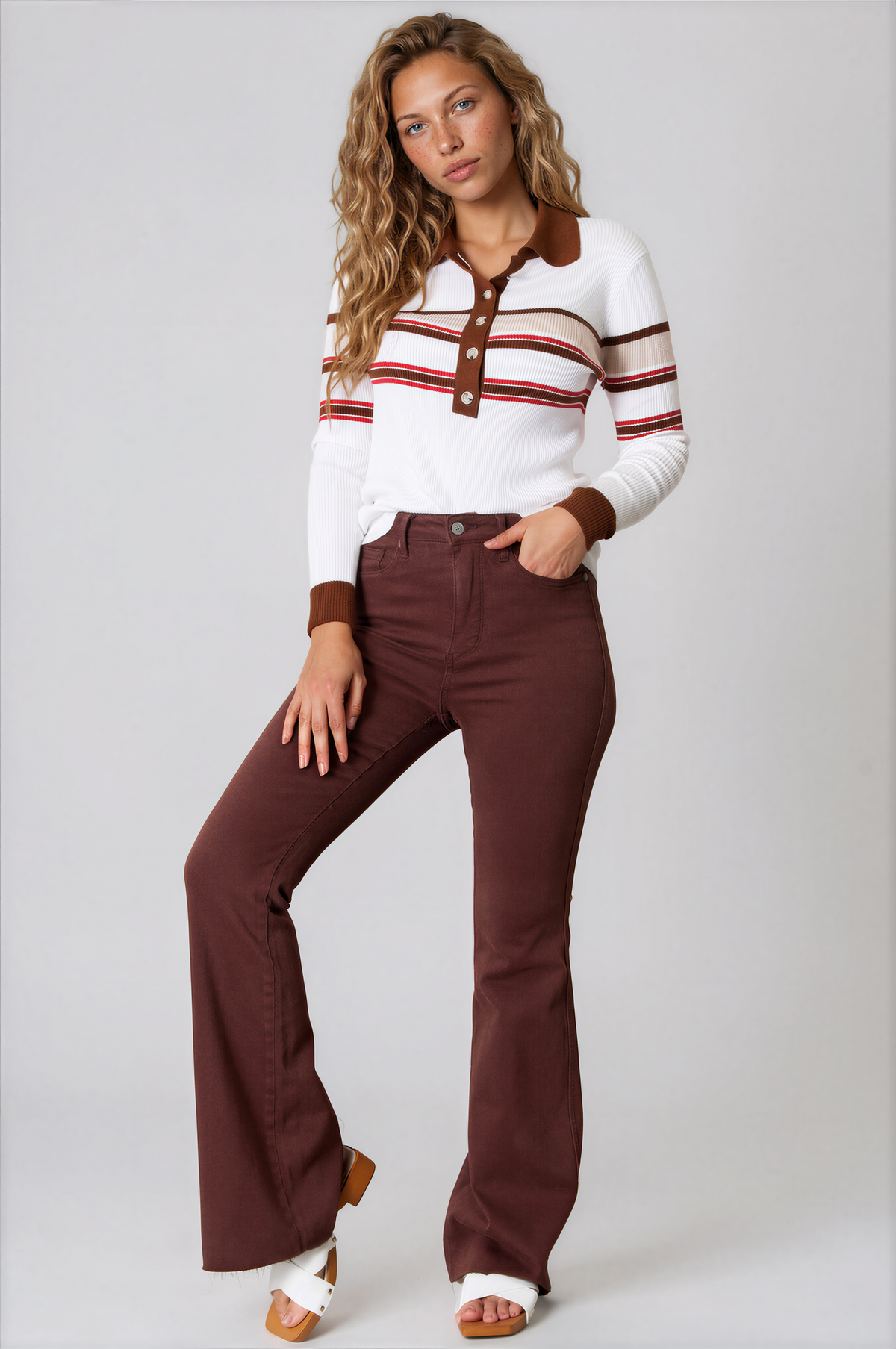 Neutral Striped Collared Neck Rib-Knit Half Button Top in white with red and brown stripes, brown collar and button placket, and long sleeves