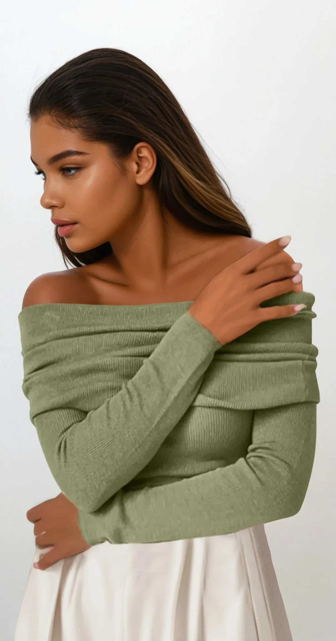 weightless off-shoulder long sleeve sweater in solid pattern