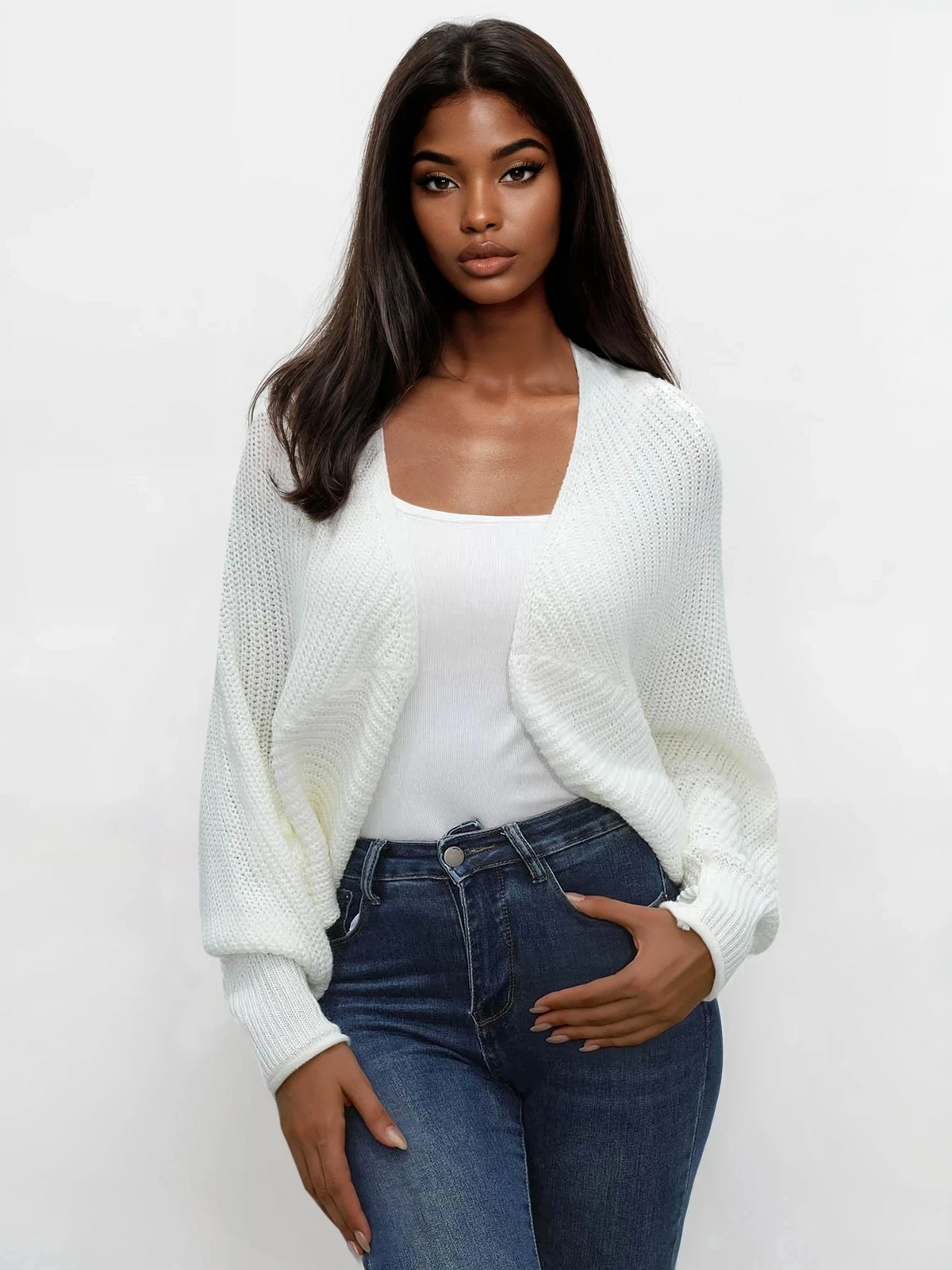 Open front cropped dolman sleeve cardigan in solid pattern