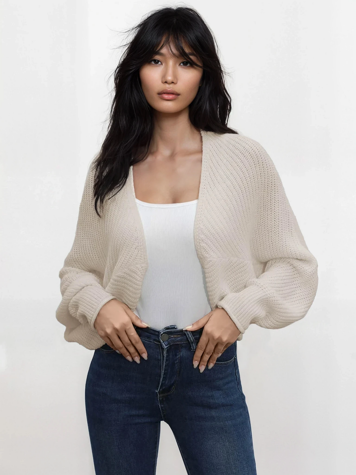 Open front cropped dolman sleeve cardigan in solid pattern