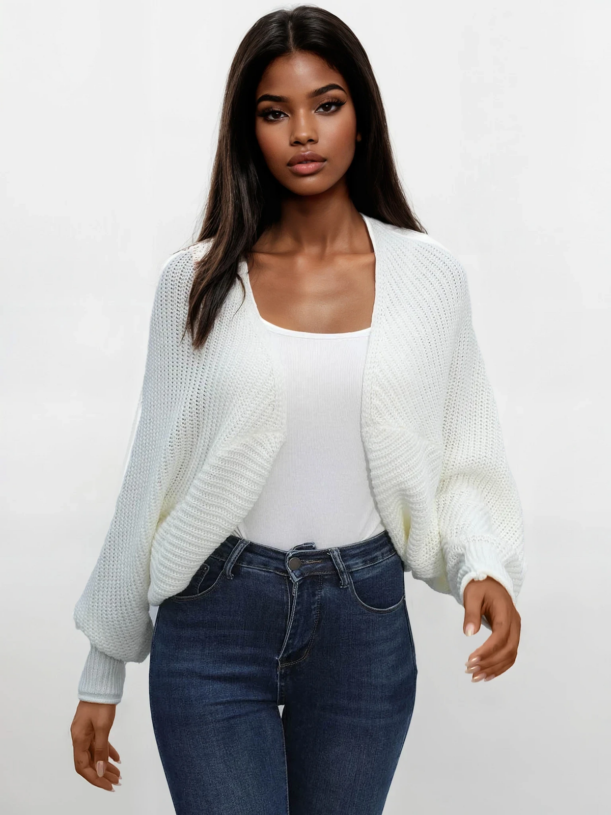 Open front cropped dolman sleeve cardigan in solid color