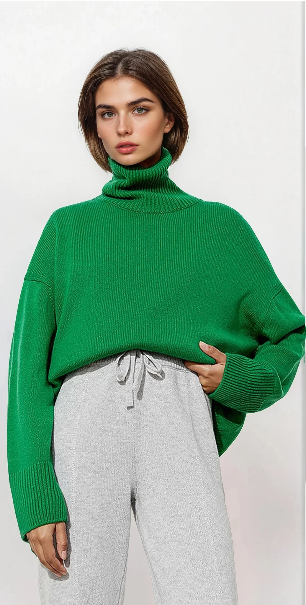 ordinary turtleneck sweater with dropped shoulders and solid pattern