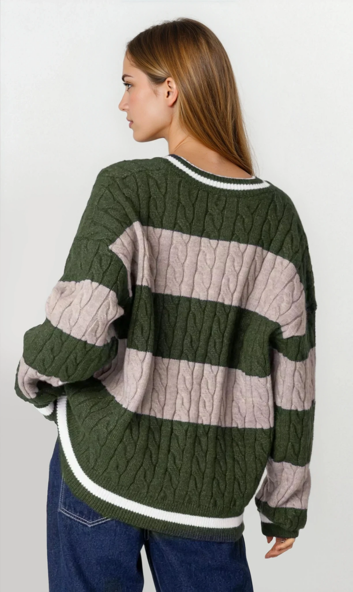 Oversized striped cable knit v-neck sweater in brown with long sleeves