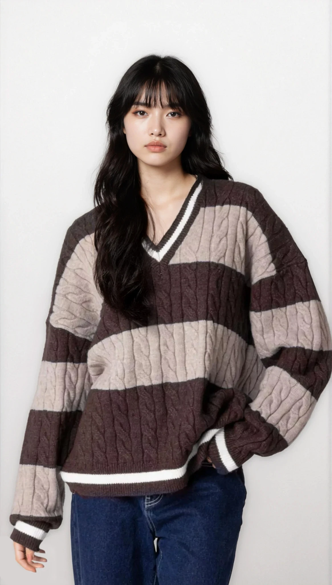 Oversized striped cable knit v-neck sweater with cozy texture