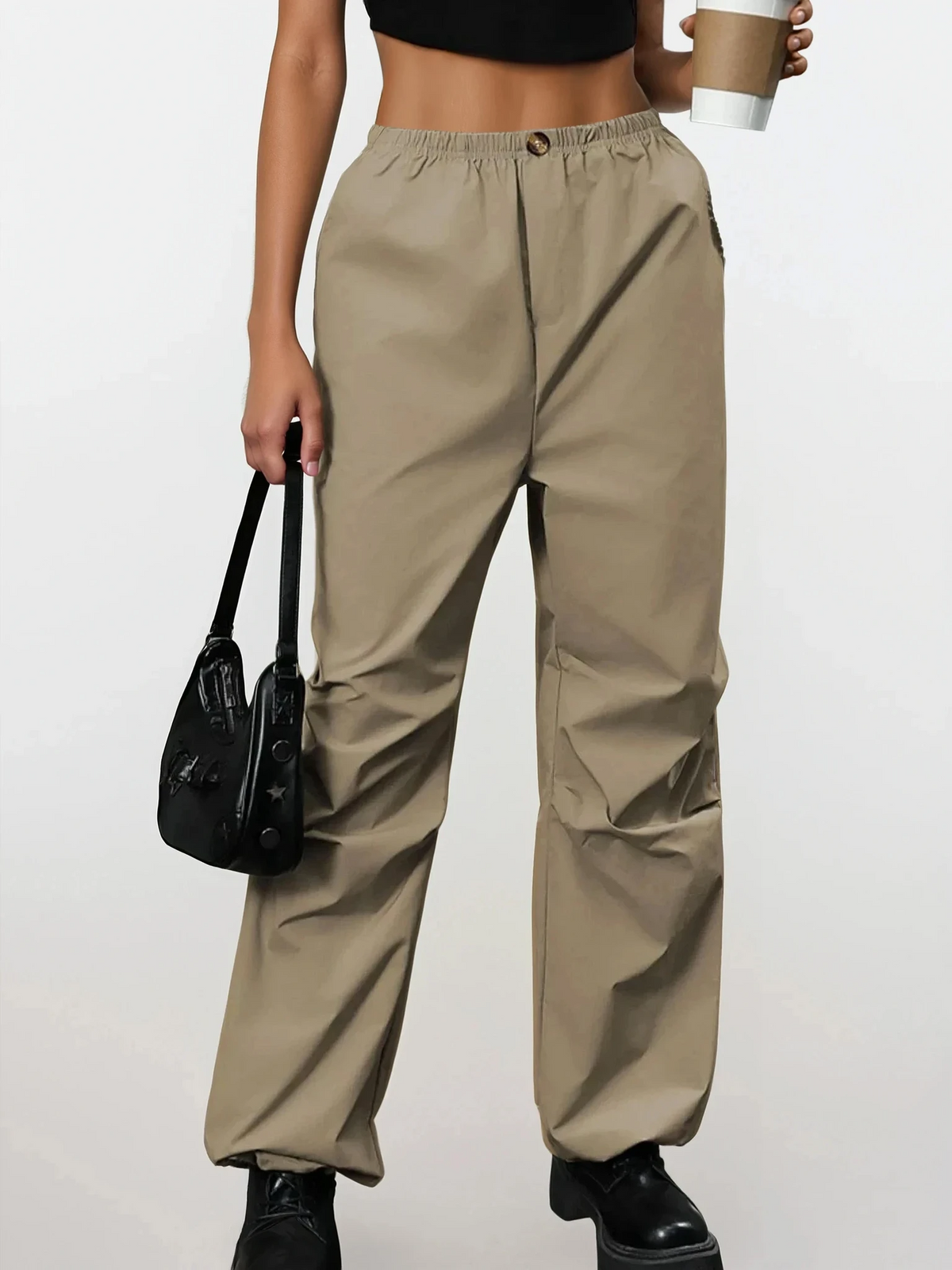 Versatile solid pattern parachute pants with button and pockets