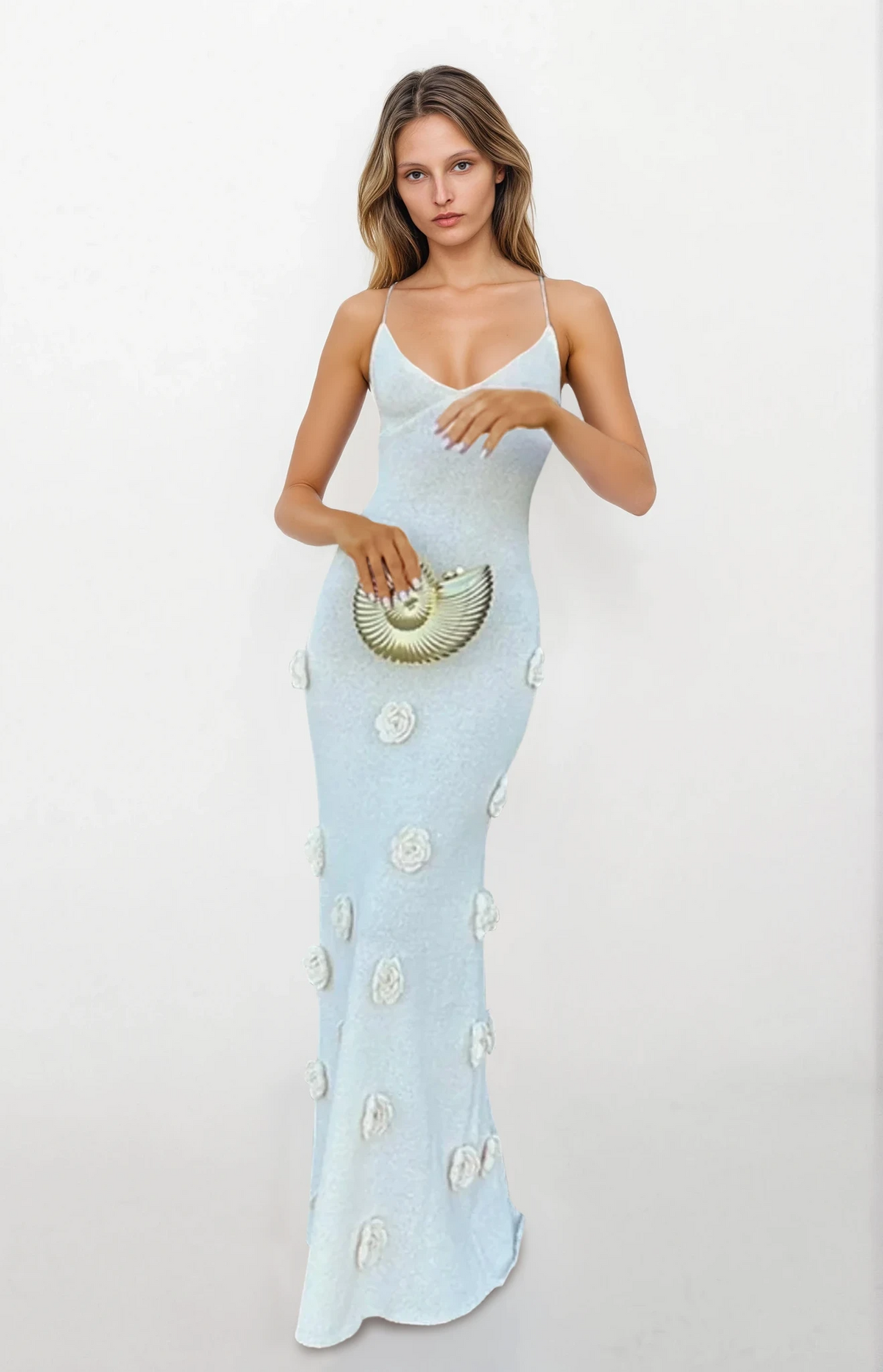 Elegant backless sleeveless petal knit cami maxi dress with tie detail