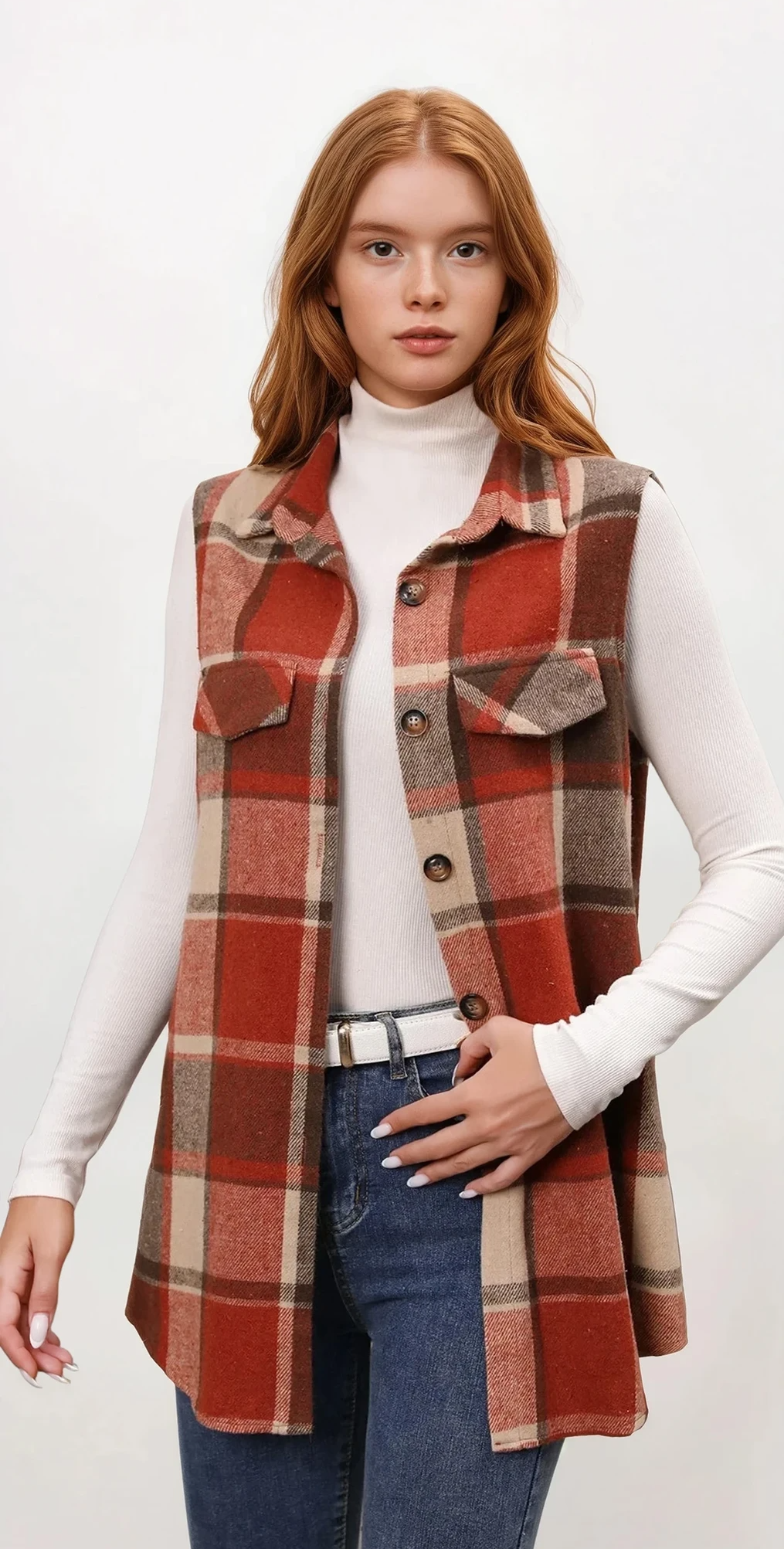 Plaid button-up vest coat with sleeveless design and lightweight fabric