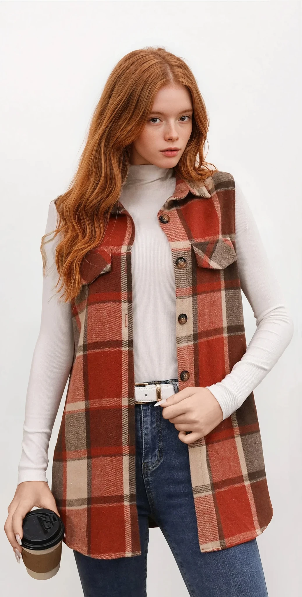Plaid button-up vest coat with sleeveless design and classic pattern