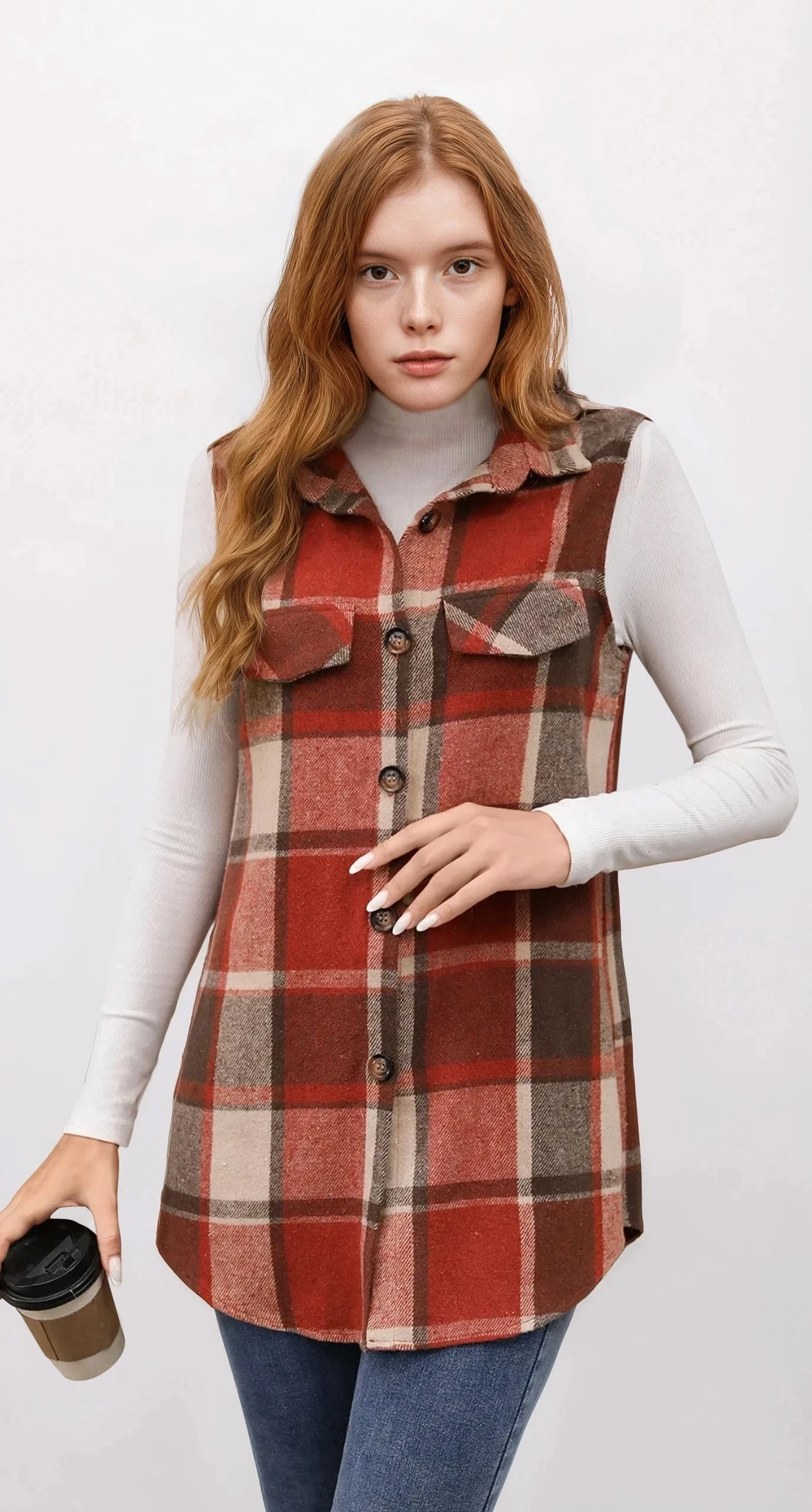 Plaid button-up vest coat with sleeveless design and lightweight material
