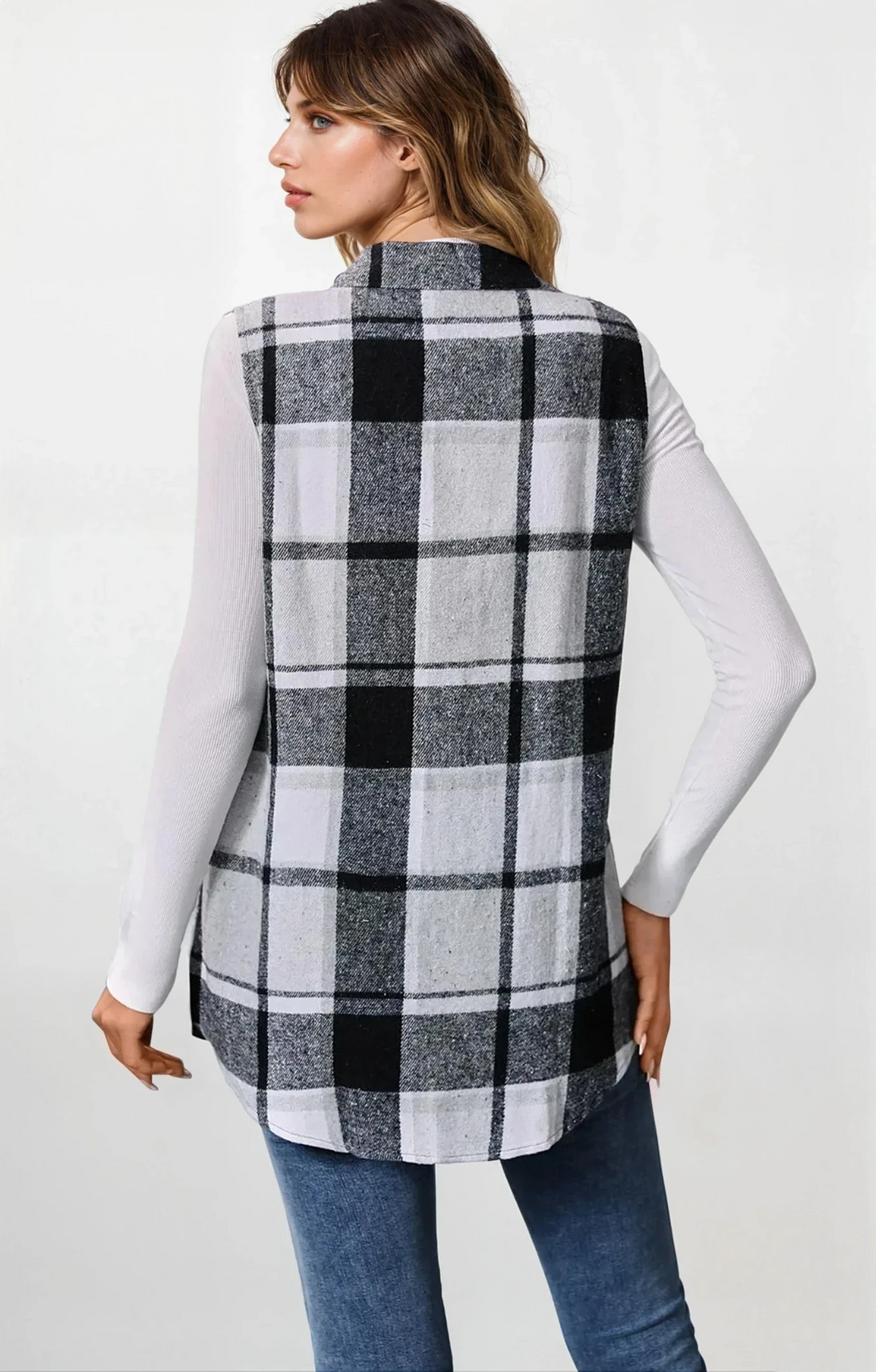 Plaid button-up vest coat with sleeveless design and lightweight warmth